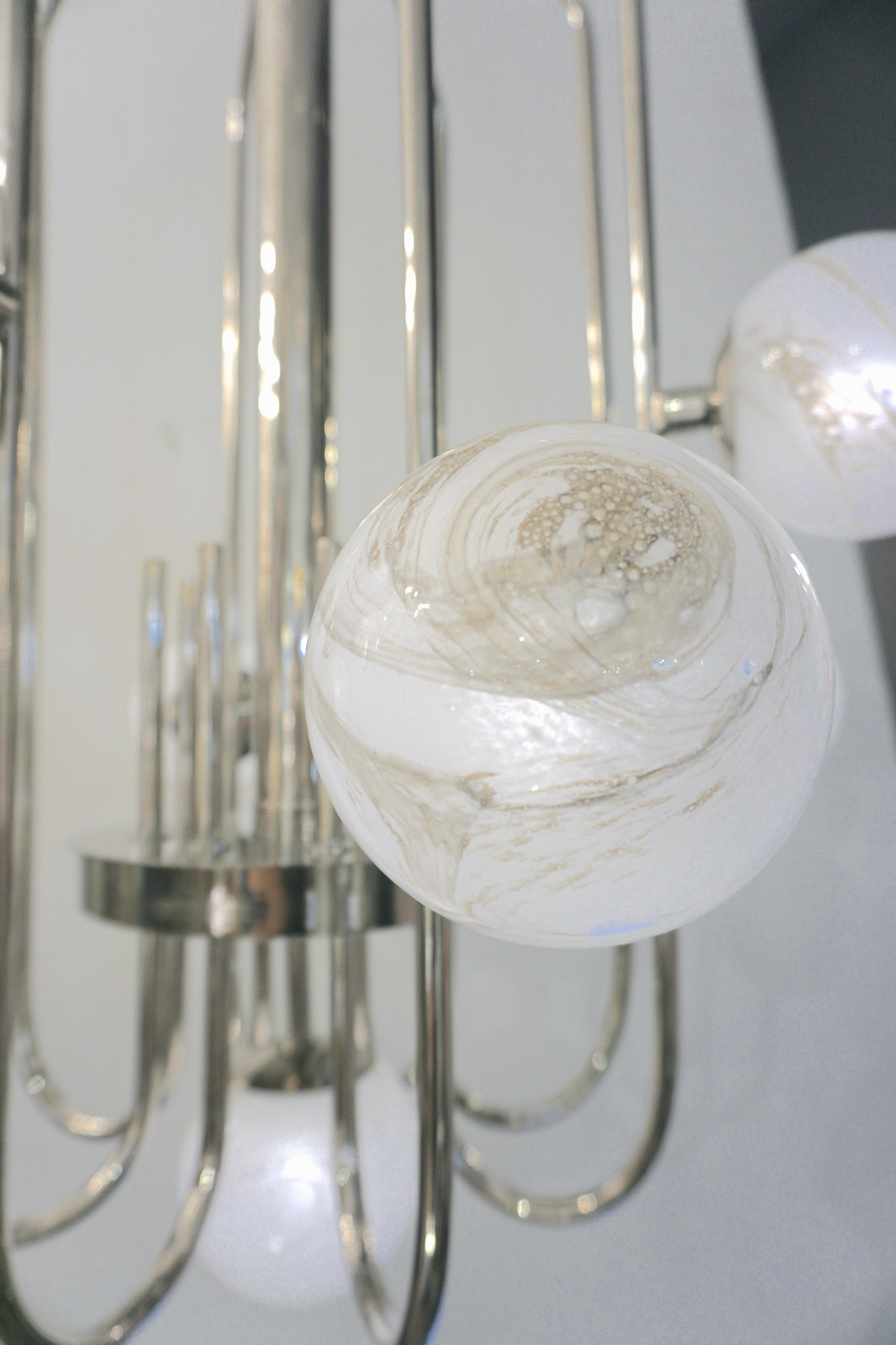 Bespoke Italian Alabaster White Murano Glass Nickel Curved Globe Chandelier For Sale 4