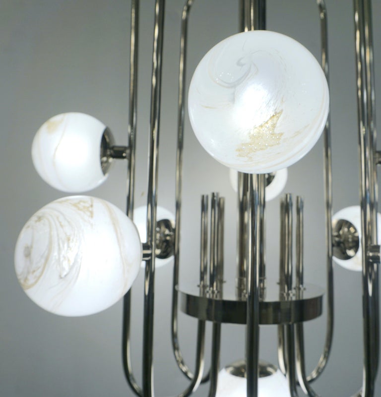 Bespoke Italian Alabaster White Murano Glass Nickel Curved Globe Chandelier For Sale 6
