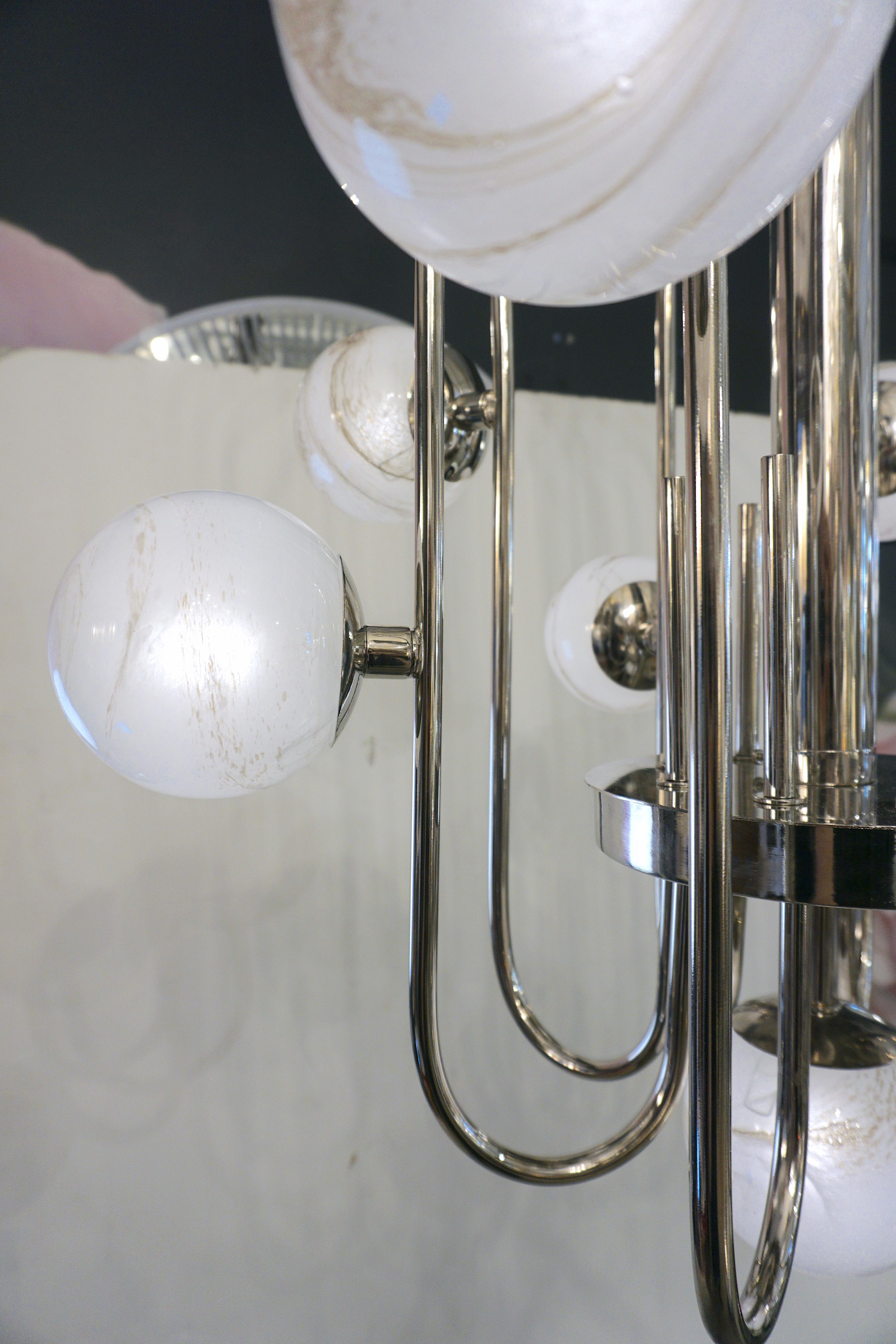 Bespoke Italian Alabaster White Murano Glass Nickel Curved Globe Chandelier For Sale 9