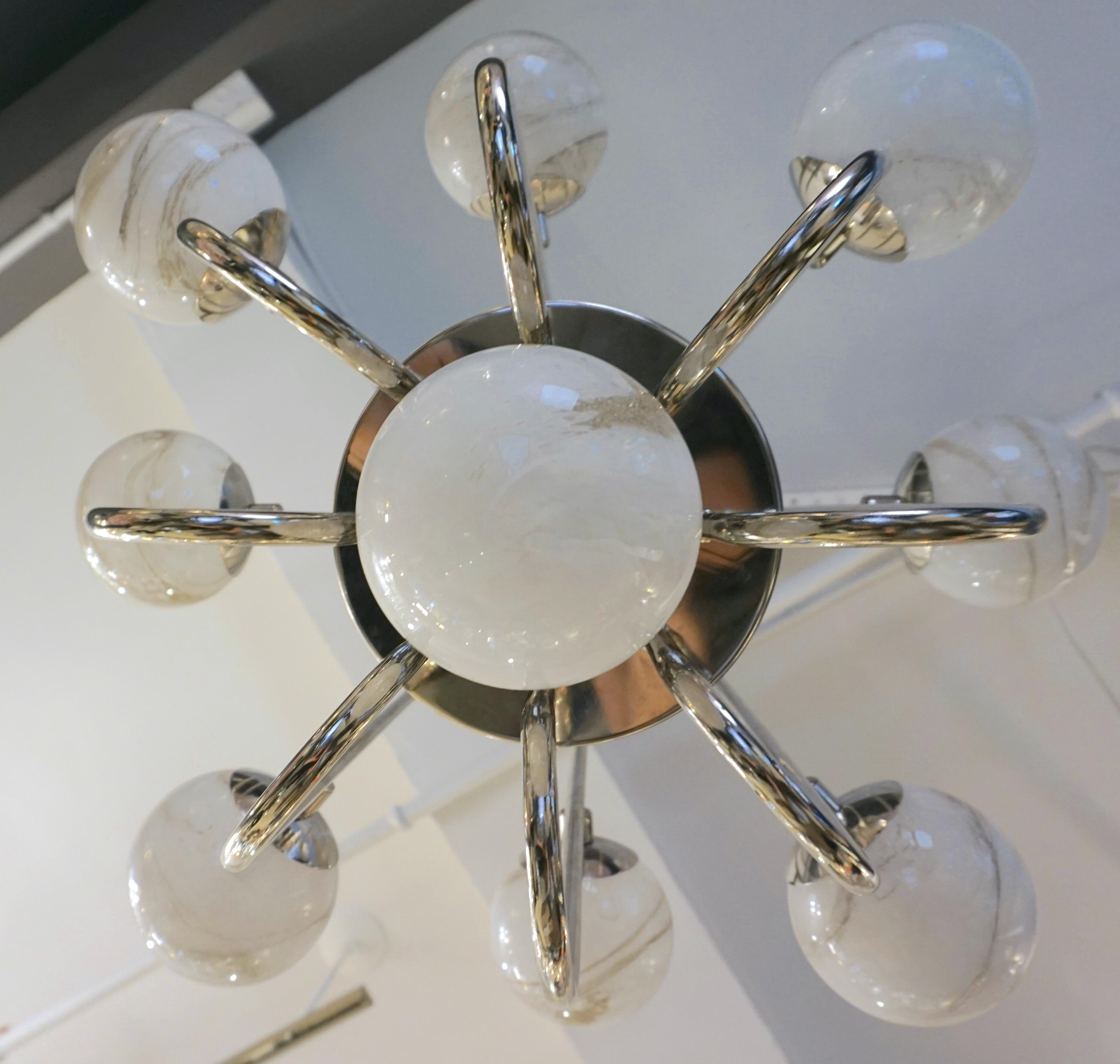 Bespoke Italian Alabaster White Murano Glass Nickel Curved Globe Chandelier For Sale 7