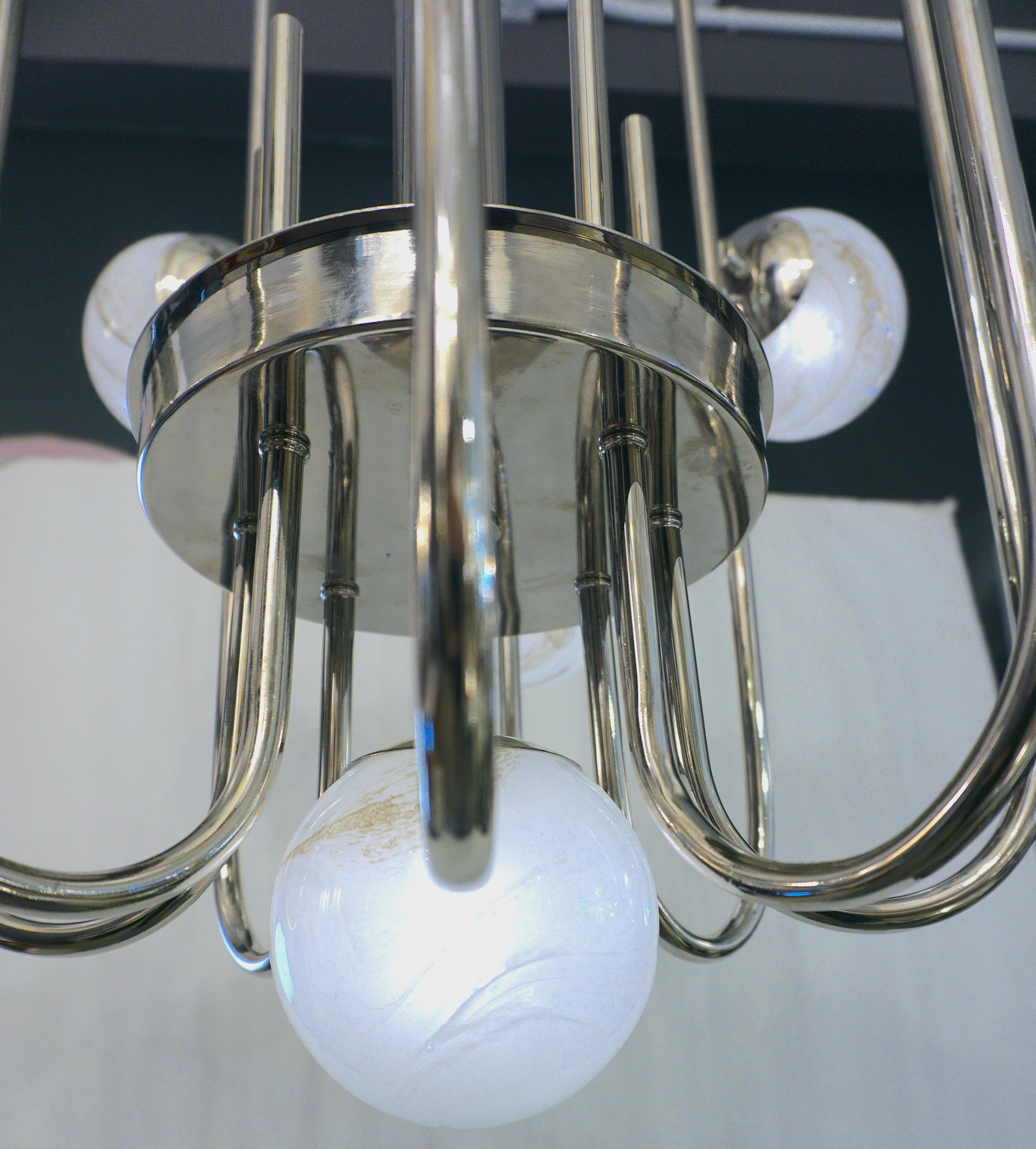 Bespoke Italian Alabaster White Murano Glass Nickel Curved Globe Chandelier For Sale 9