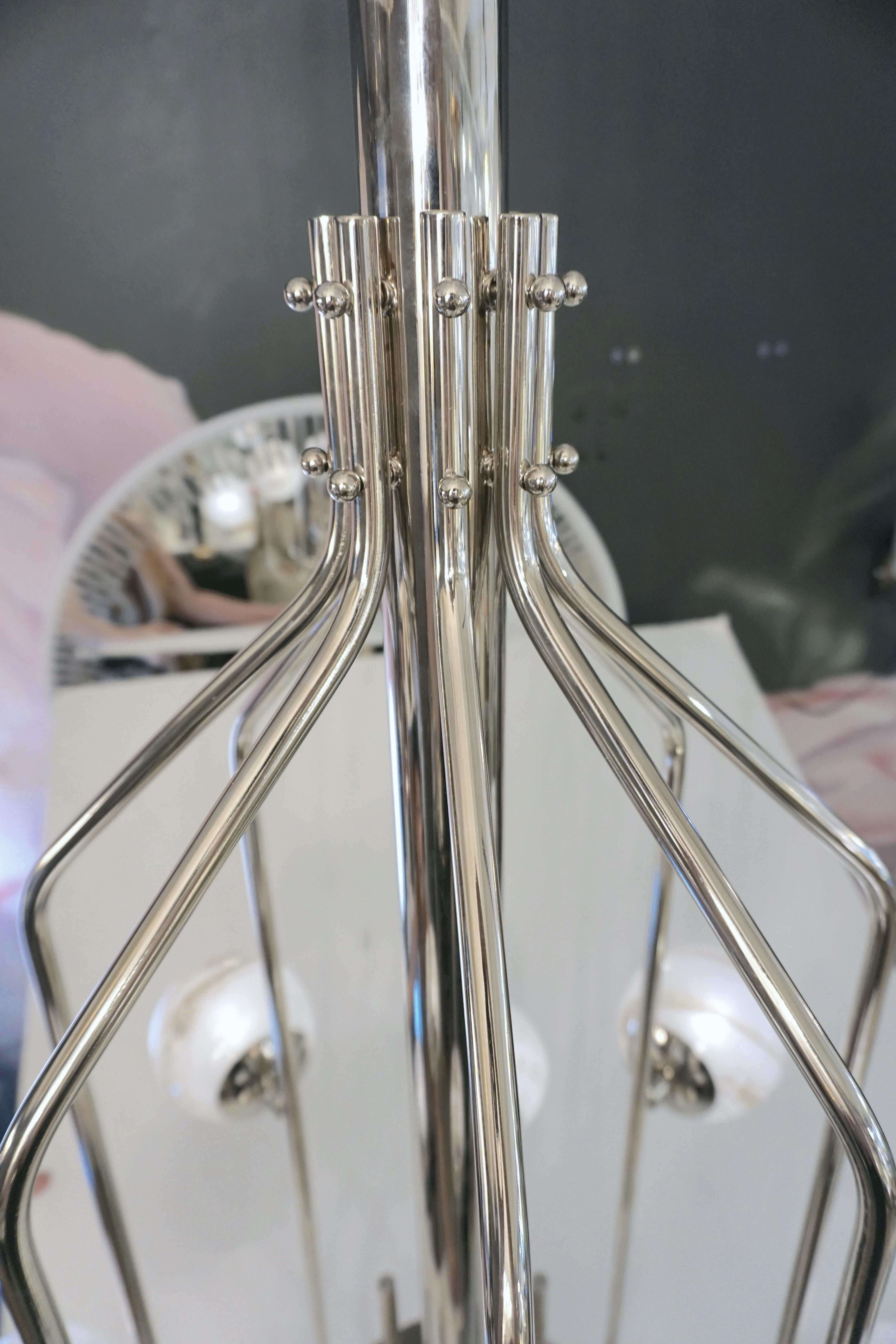Bespoke Italian Alabaster White Murano Glass Nickel Curved Globe Chandelier For Sale 11