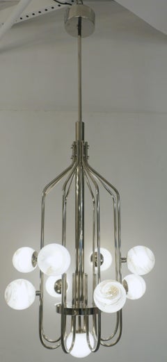 Bespoke Italian Alabaster White Murano Glass Nickel Curved Globe Chandelier