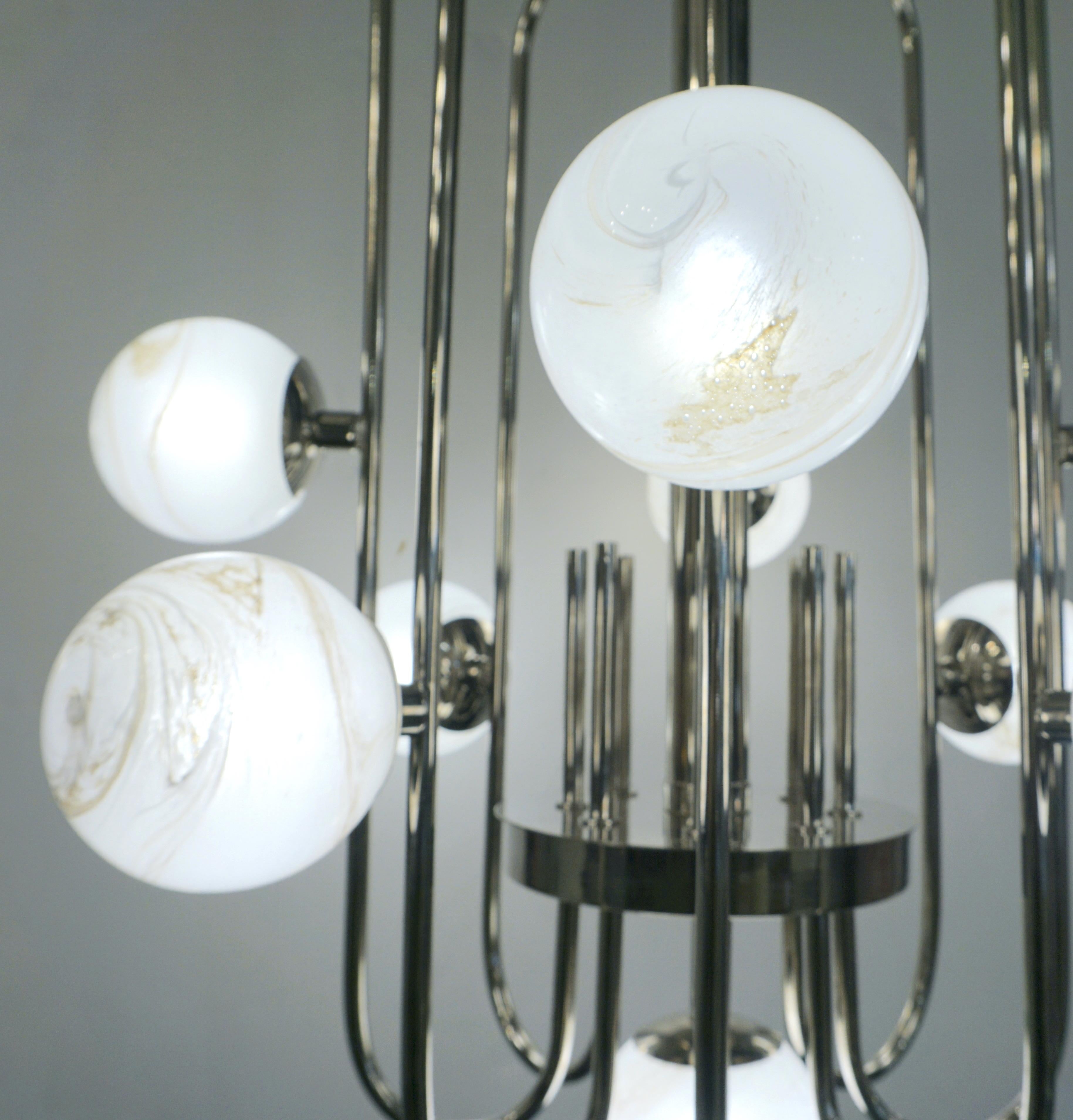 Bespoke Italian Alabaster White Murano Glass Nickel Curved Globe Chandelier For Sale 5