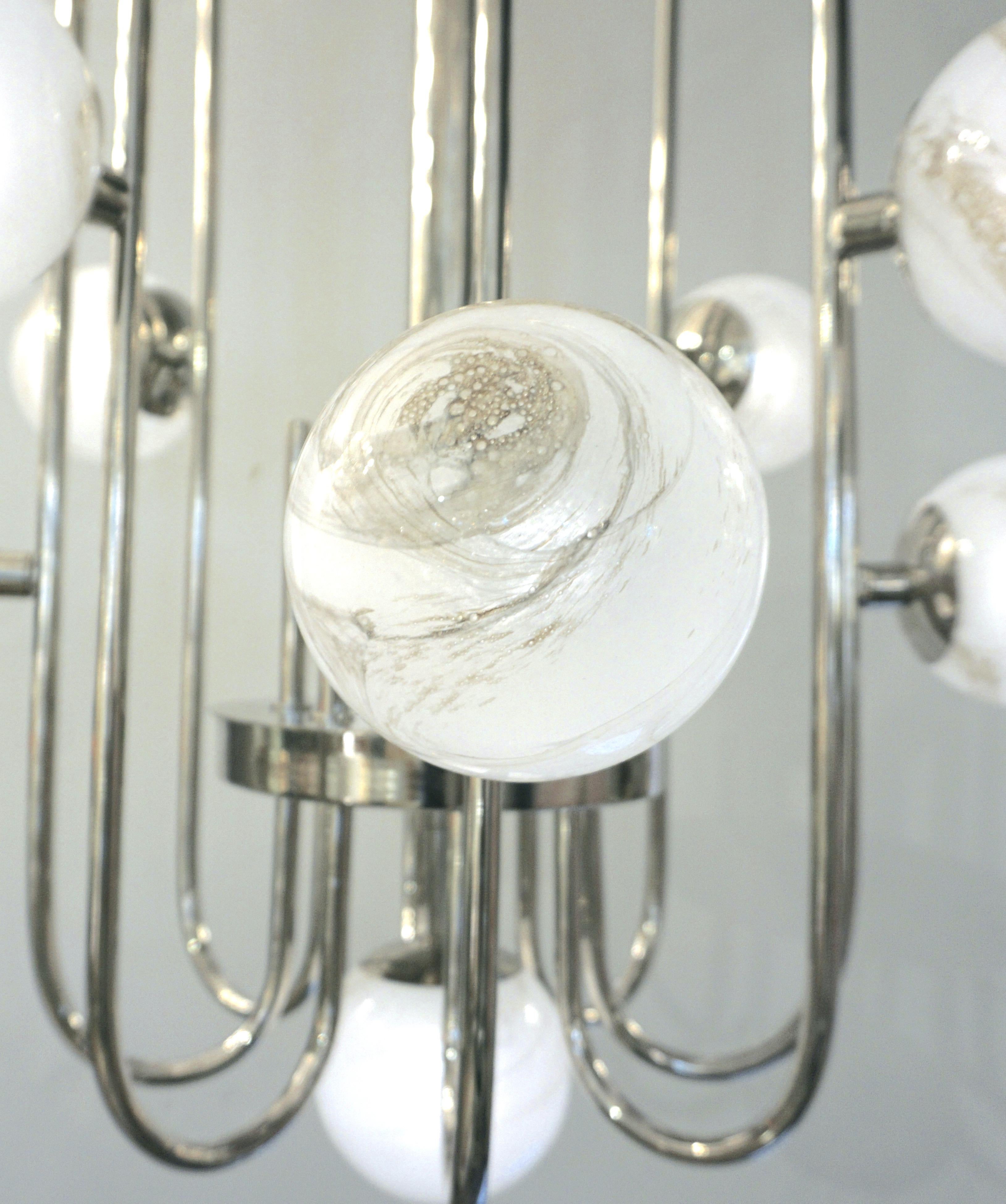 Bespoke Italian Alabaster White Murano Glass Nickel Curved Globe Chandelier For Sale 1
