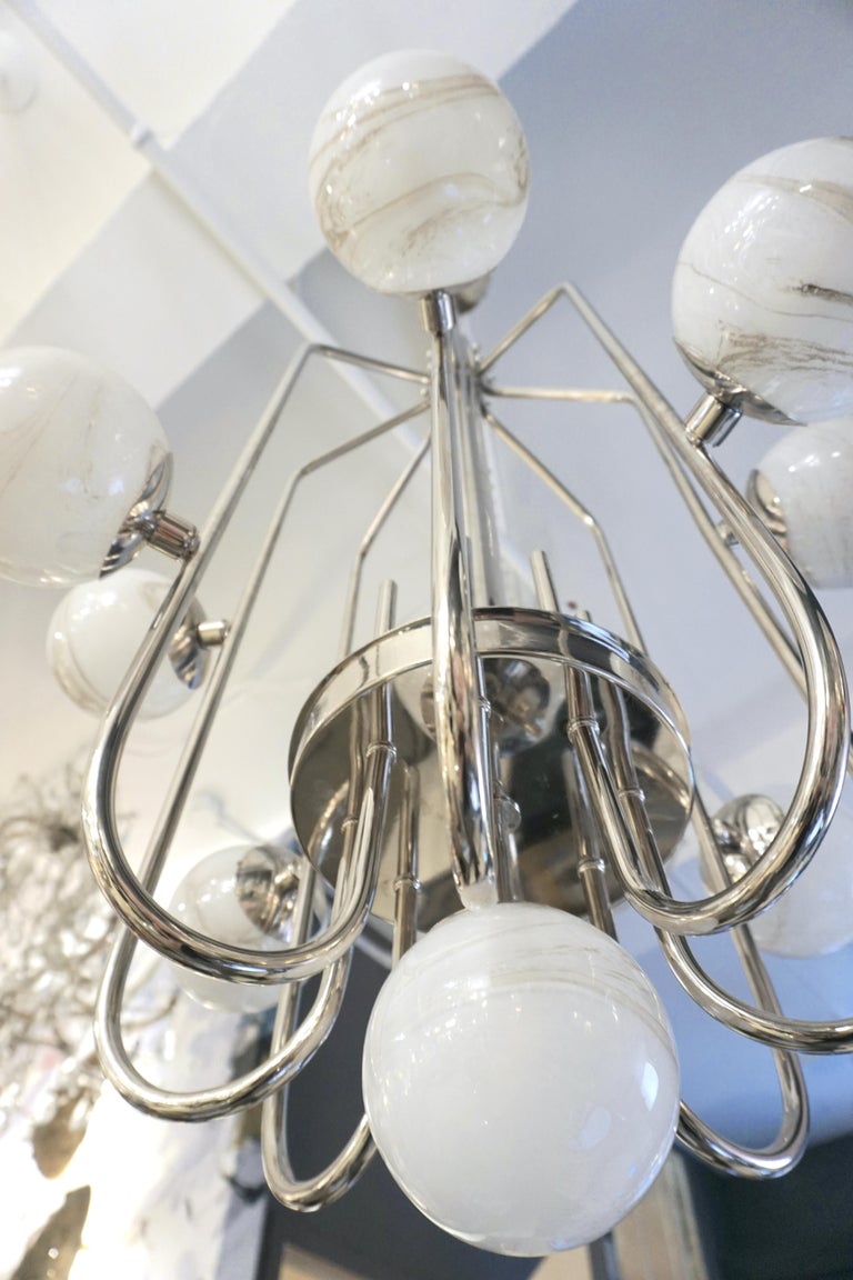 Hand-Crafted Bespoke Italian Alabaster White Murano Glass Nickel Curved Globe Chandelier For Sale