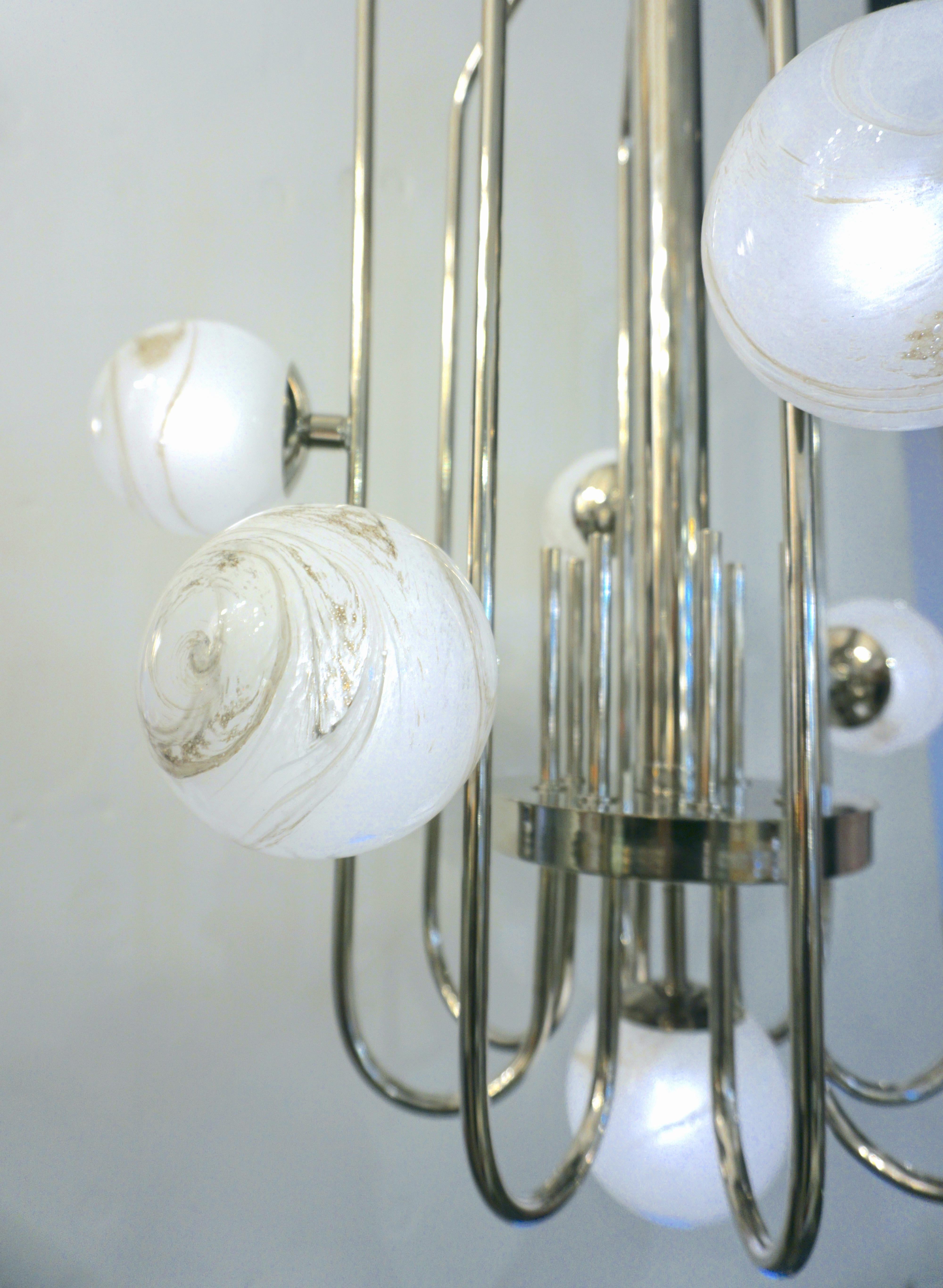 Hand-Crafted Bespoke Italian Alabaster White Murano Glass Nickel Curved Globe Chandelier For Sale