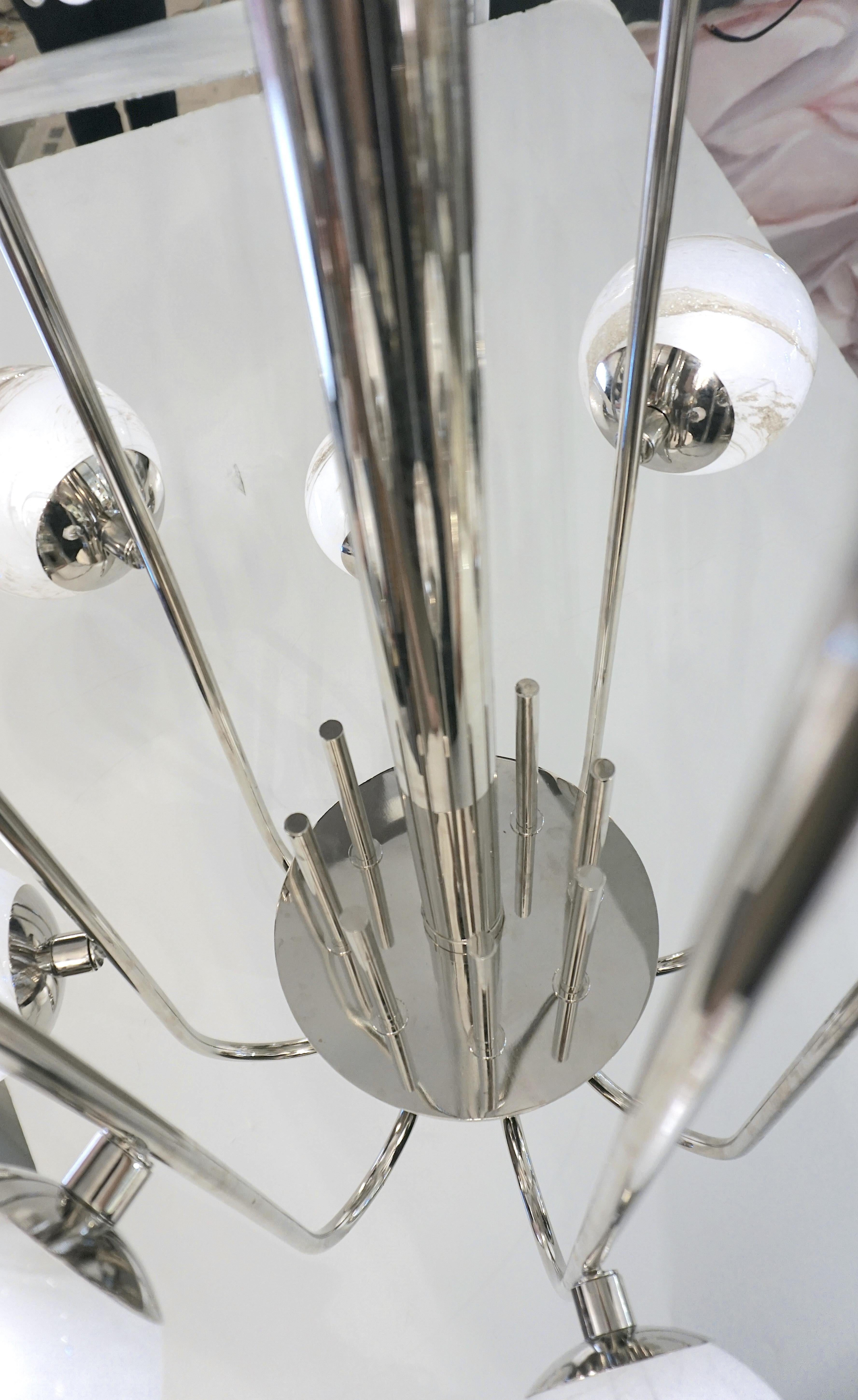 Art Glass Bespoke Italian Alabaster White Murano Glass Nickel Curved Globe Chandelier For Sale
