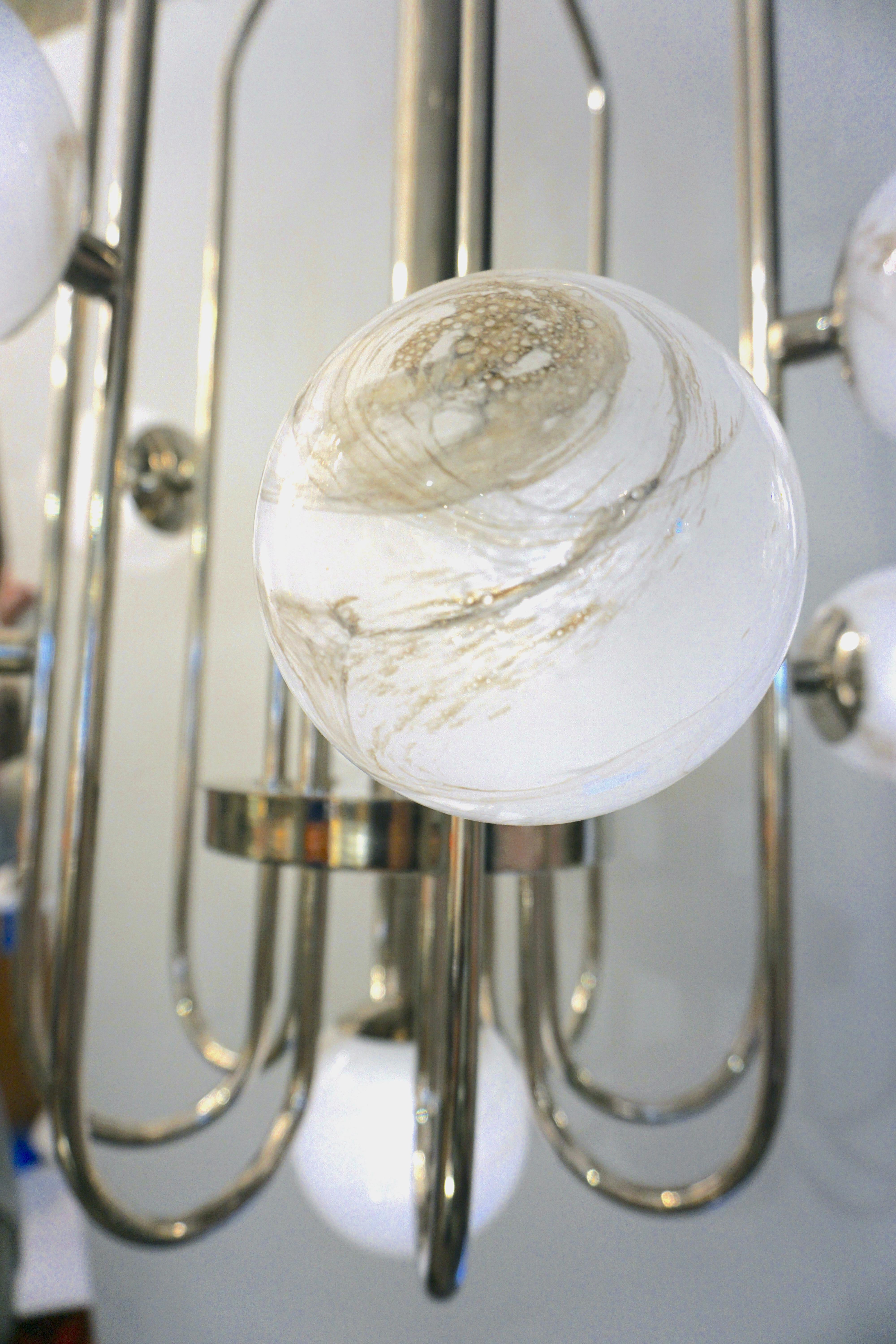 Bespoke Italian Alabaster White Murano Glass Nickel Curved Globe Chandelier For Sale 3