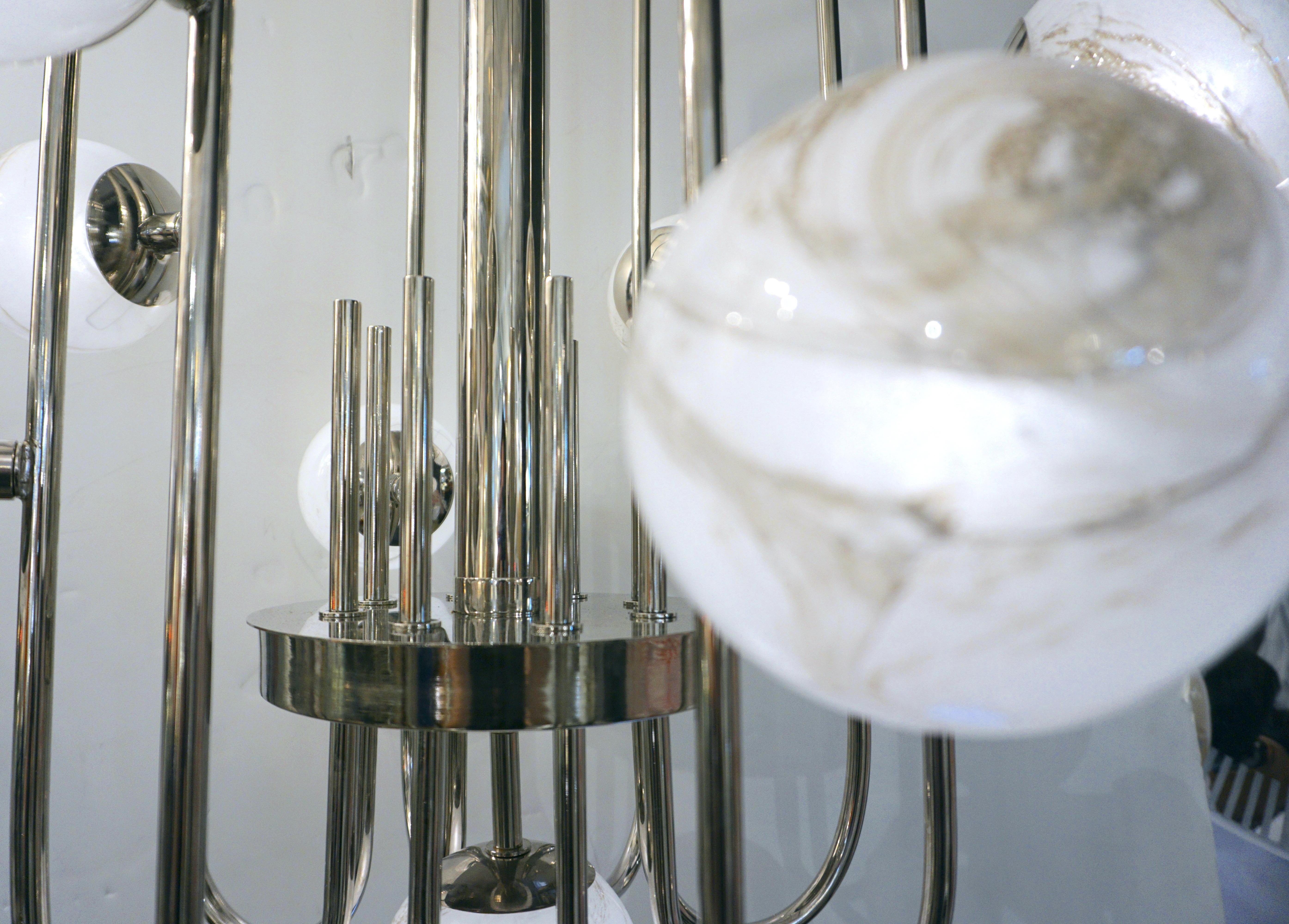 Bespoke Italian Alabaster White Murano Glass Nickel Curved Globe Chandelier For Sale 6
