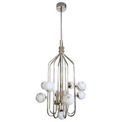 Bespoke Italian Alabaster White Murano Glass Nickel Curved Globe Chandelier