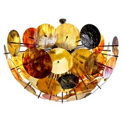 Bespoke Italian Amber Orange Brown Murano Glass Bronze Finish Sputnik Flushmount