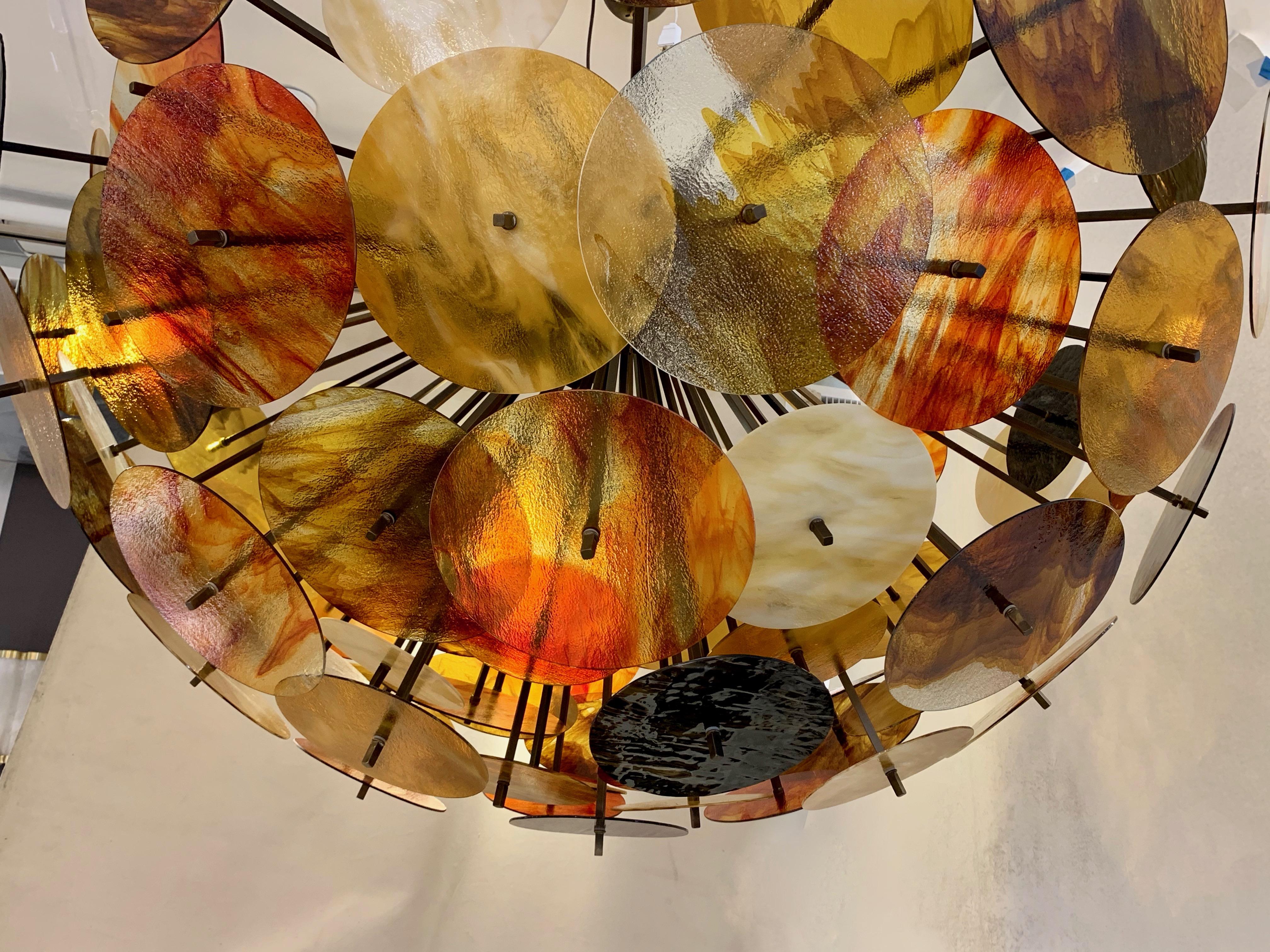 Bespoke Italian Amber Red Brown Murano Glass Bronze Finish Sputnik Flushmount For Sale 3