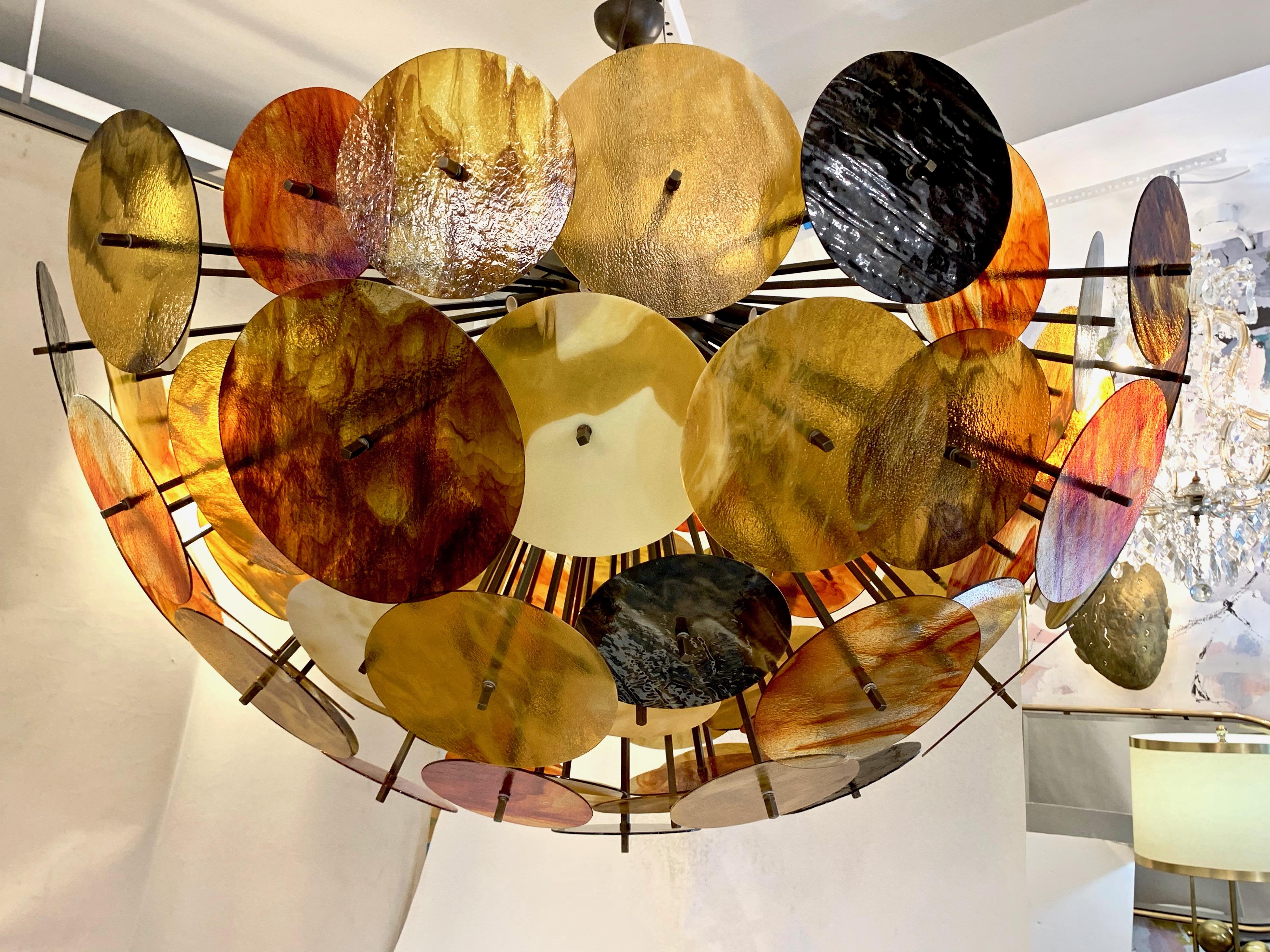 Bespoke Italian Amber Orange Brown Murano Glass Bronze Finish Sputnik Flushmount For Sale 3