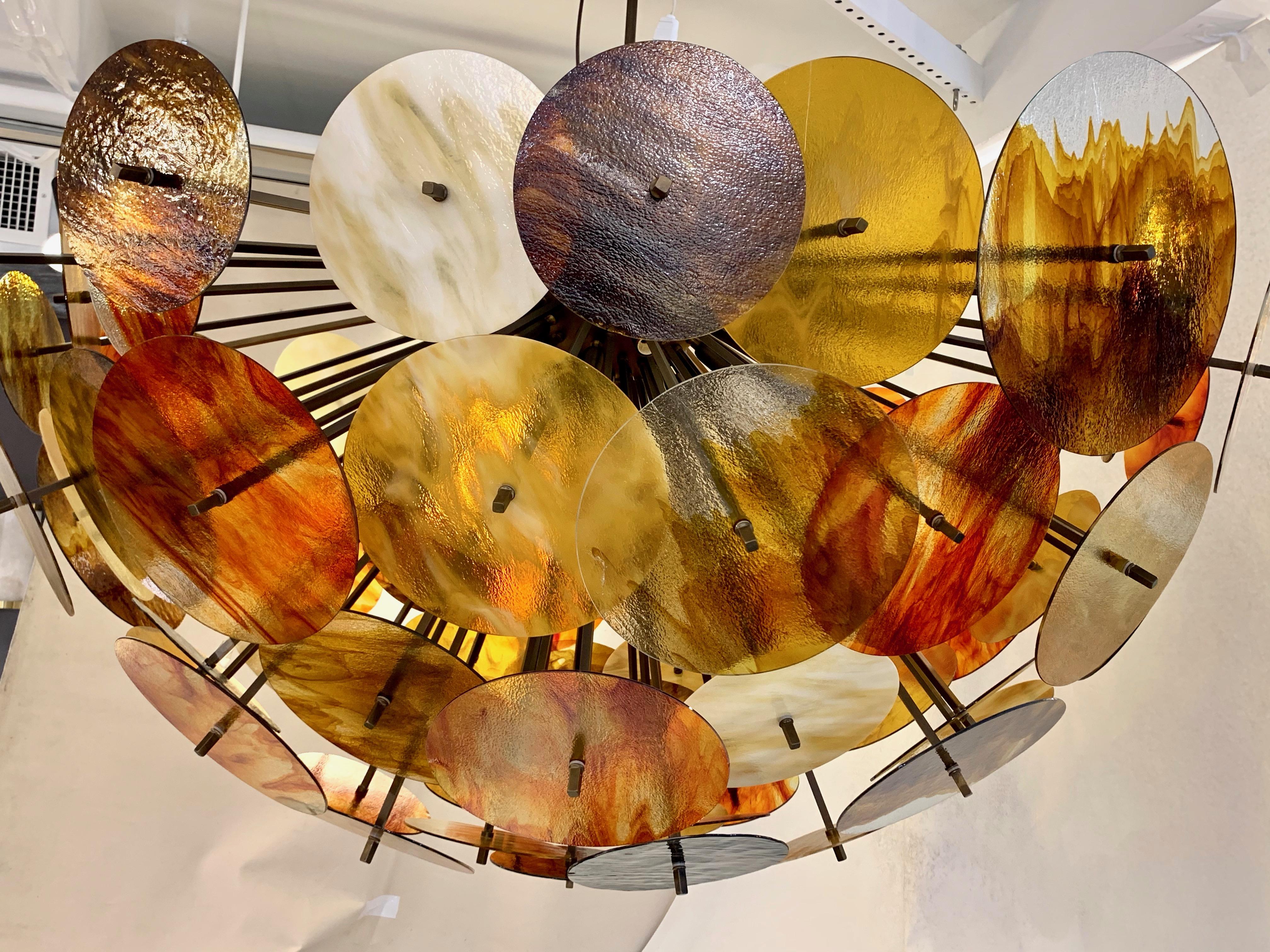 Bespoke Italian Amber Red Brown Murano Glass Bronze Finish Sputnik Flushmount For Sale 6