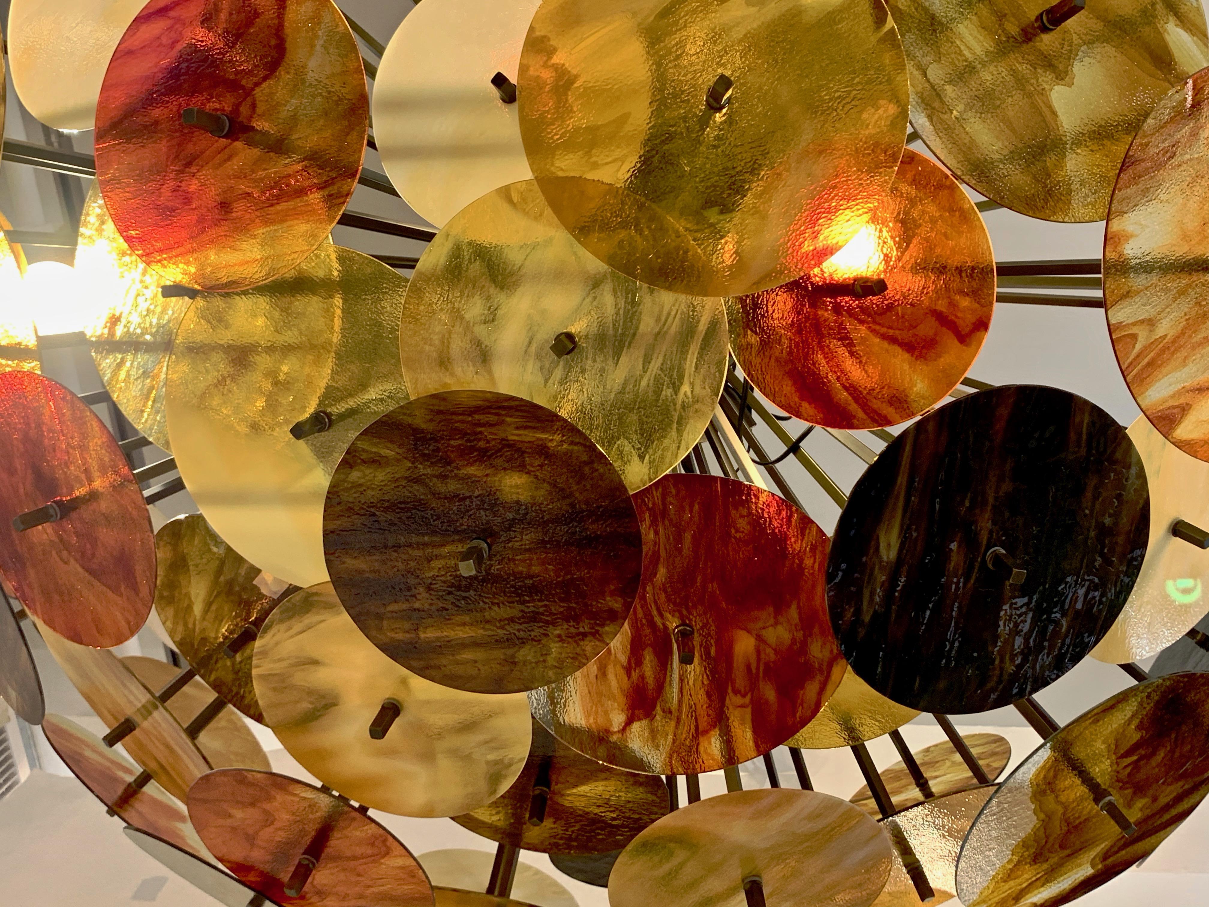 Bespoke Italian Amber Red Brown Murano Glass Bronze Finish Sputnik Flushmount For Sale 8
