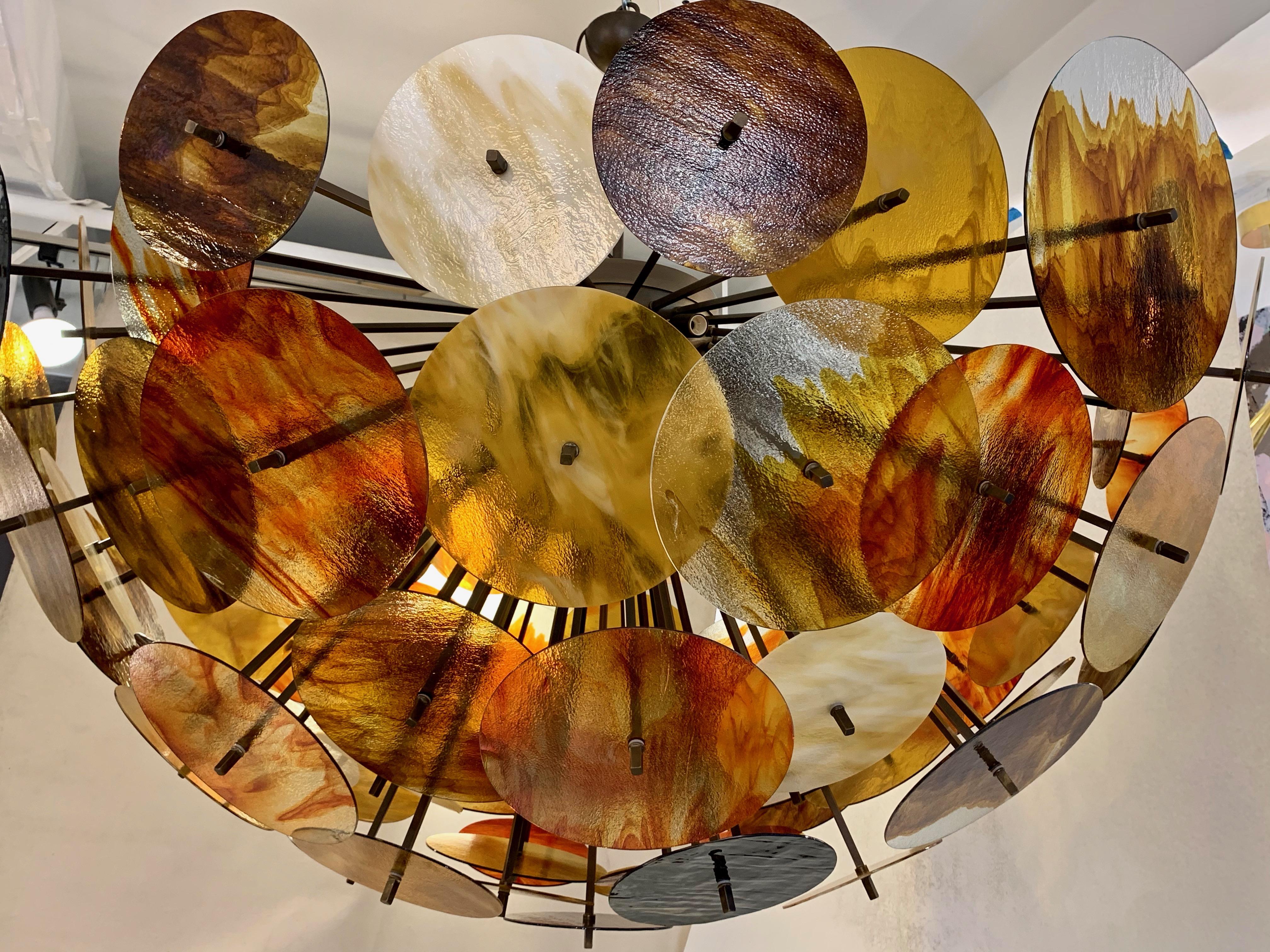 Organic Modern Bespoke Italian Amber Orange Brown Murano Glass Bronze Finish Sputnik Flushmount For Sale