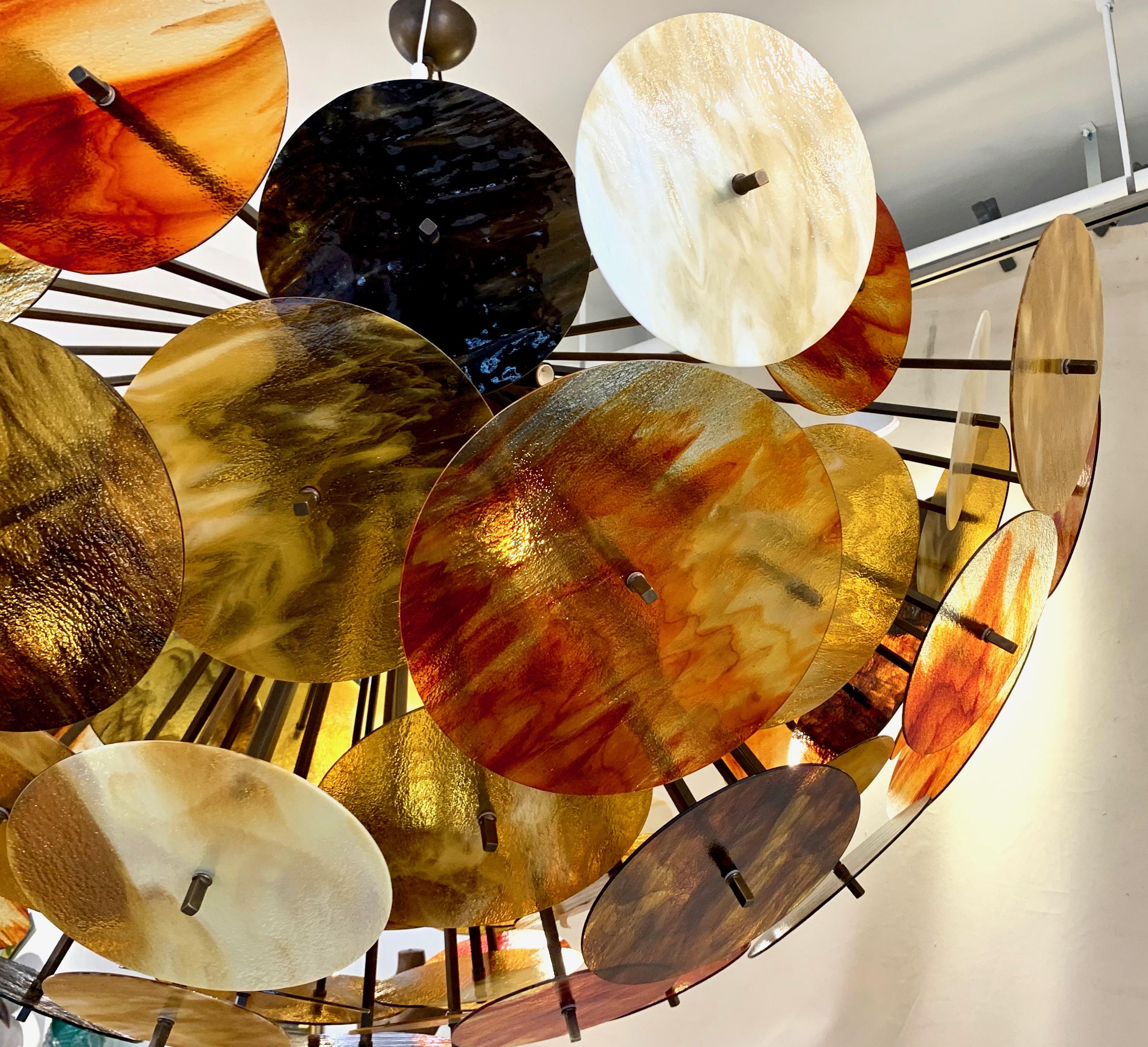 Contemporary Bespoke Italian Amber Red Brown Murano Glass Bronze Finish Sputnik Flushmount For Sale