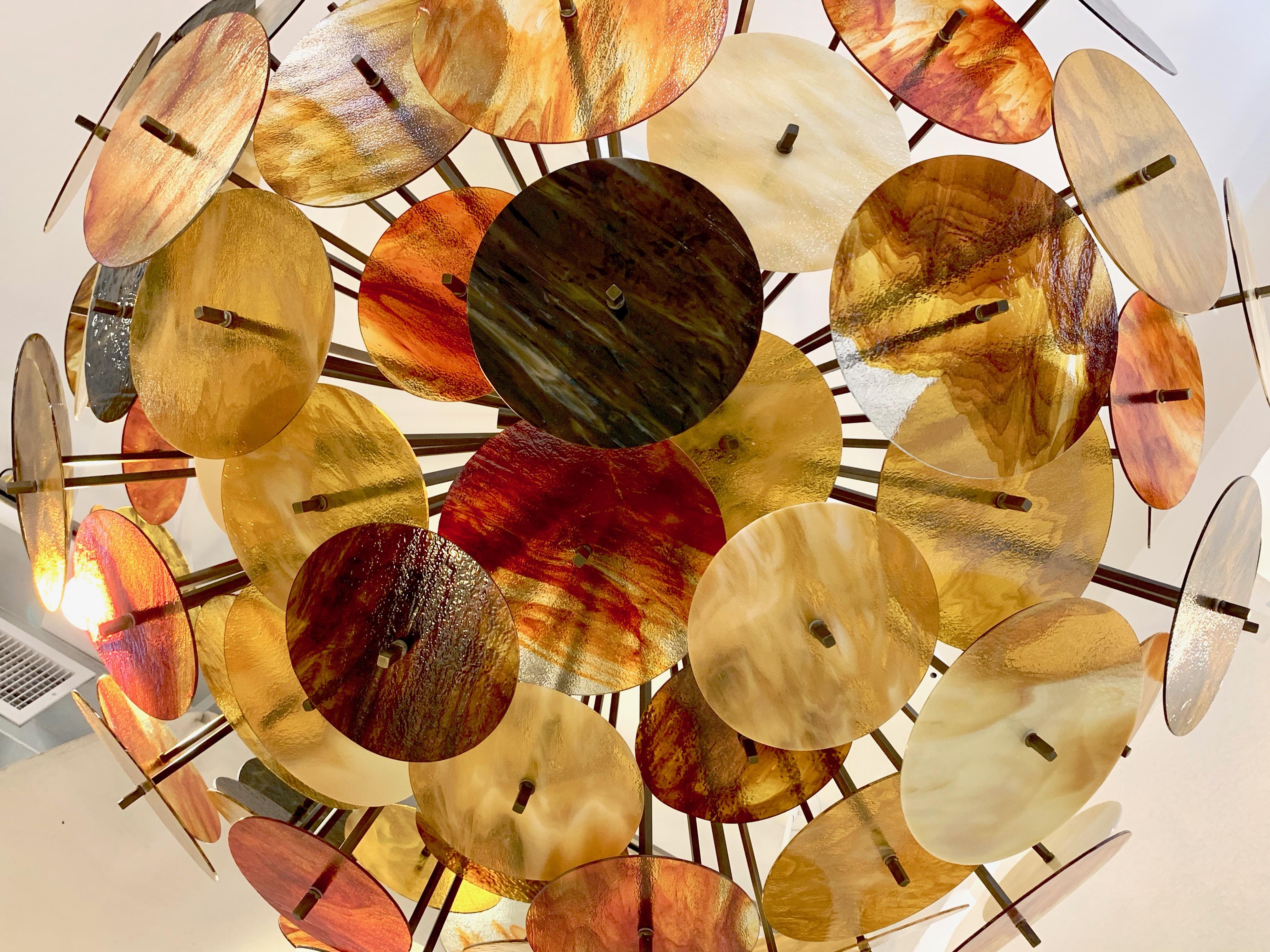 Art Glass Bespoke Italian Amber Orange Brown Murano Glass Bronze Finish Sputnik Flushmount For Sale