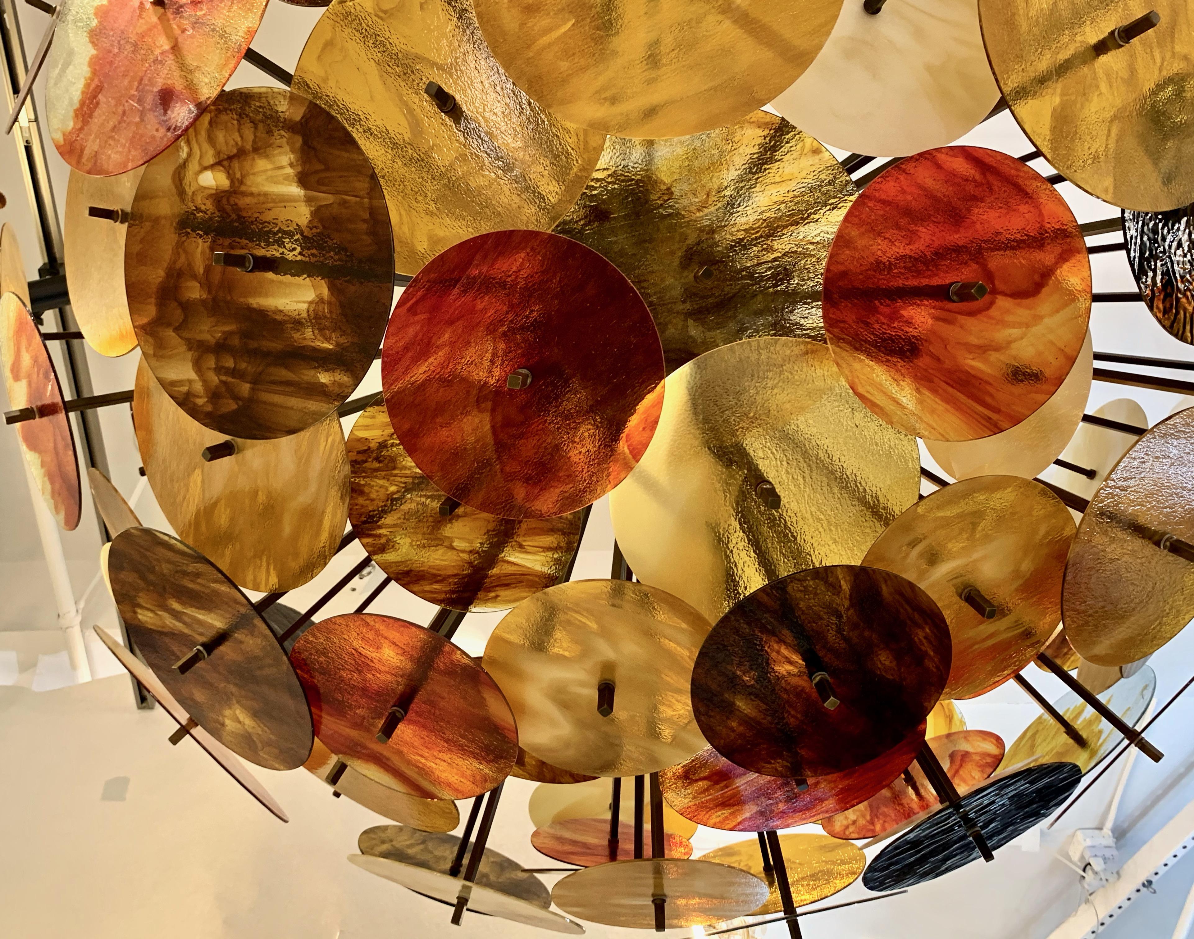 Bespoke Italian Amber Red Brown Murano Glass Bronze Finish Sputnik Flushmount For Sale 2