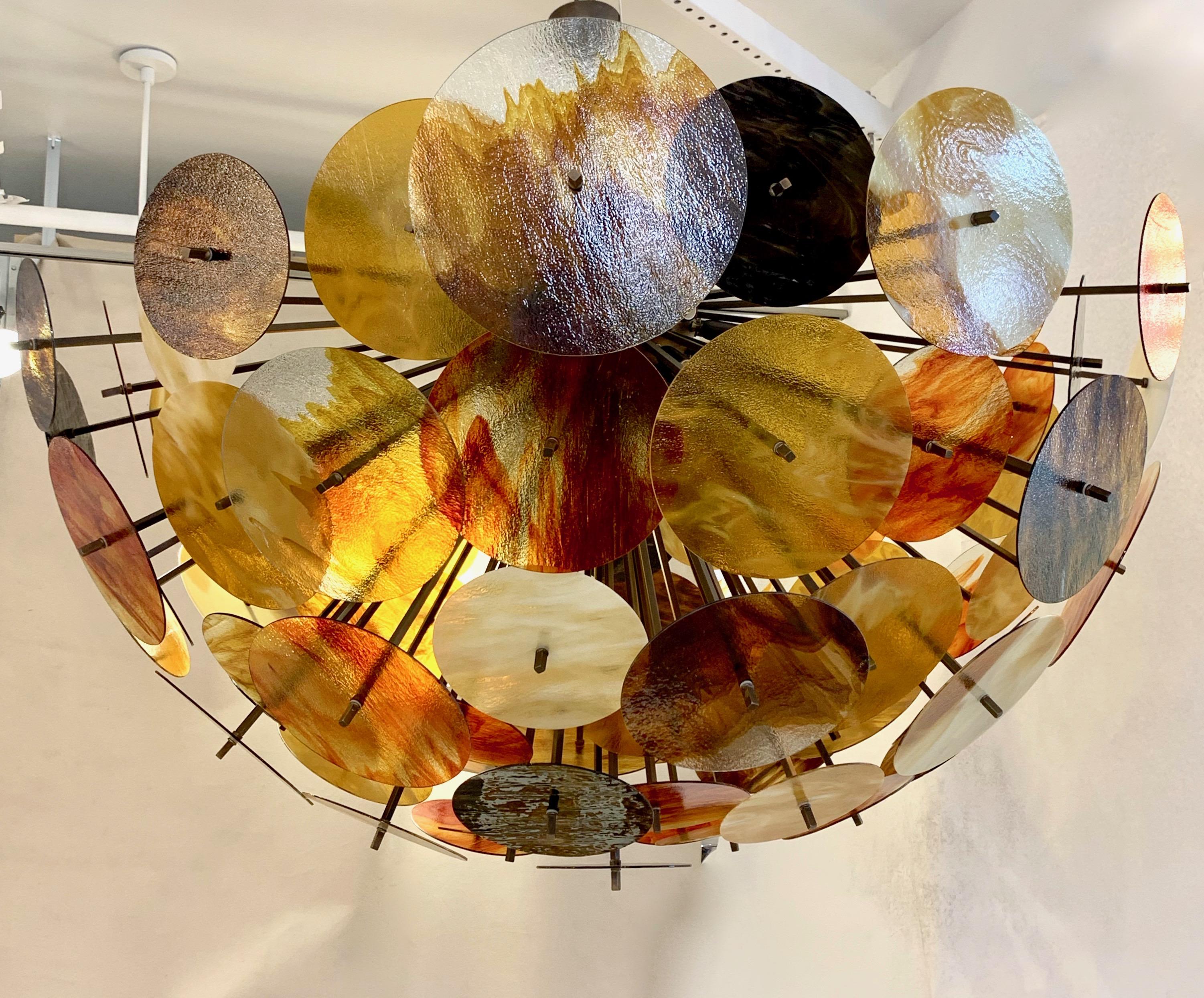 Bespoke Italian Amber Orange Brown Murano Glass Bronze Finish Sputnik Flushmount For Sale 2