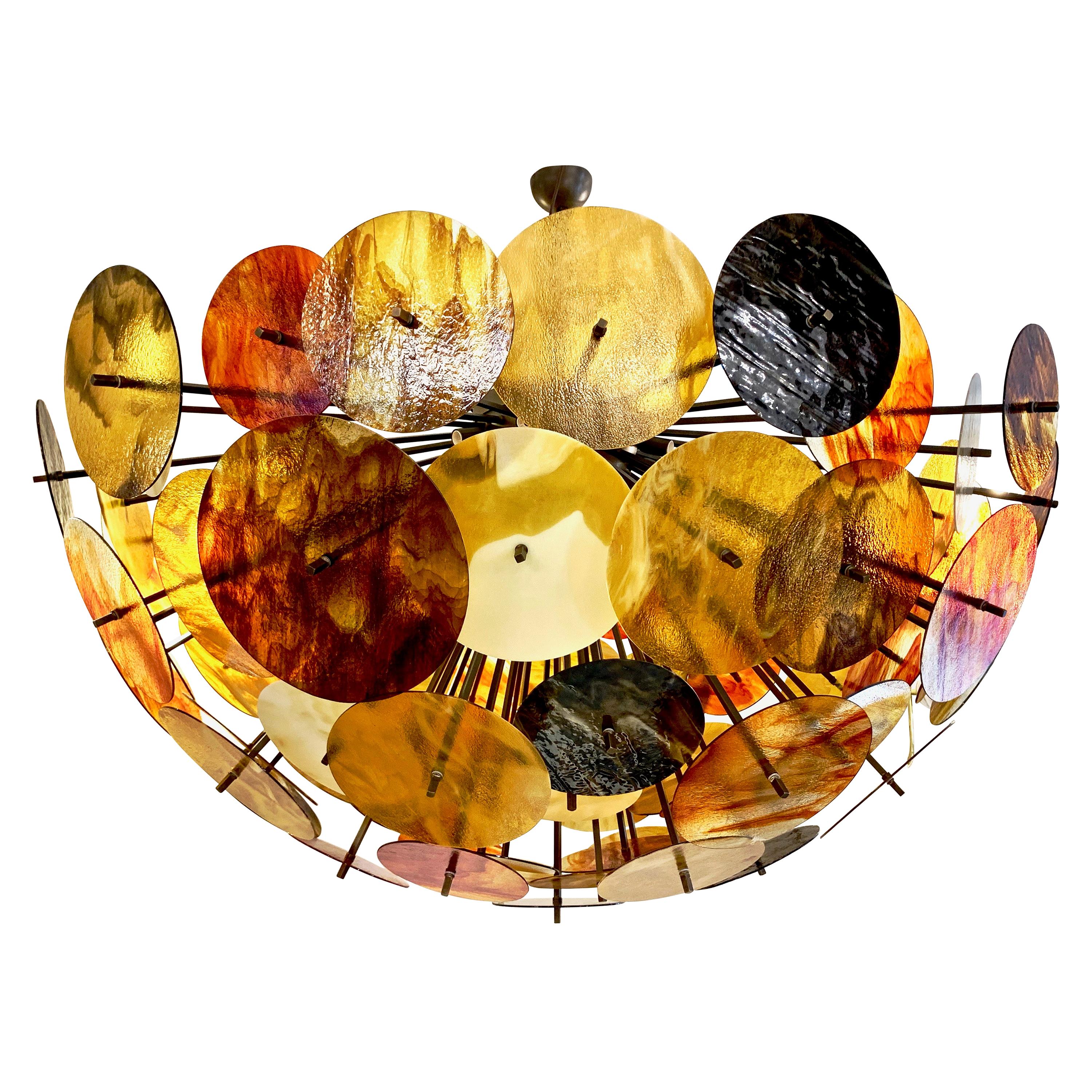 Bespoke Italian Amber Red Brown Murano Glass Bronze Finish Sputnik Flushmount For Sale