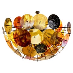 Bespoke Italian Amber Red Brown Murano Glass Bronze Finish Sputnik Flushmount