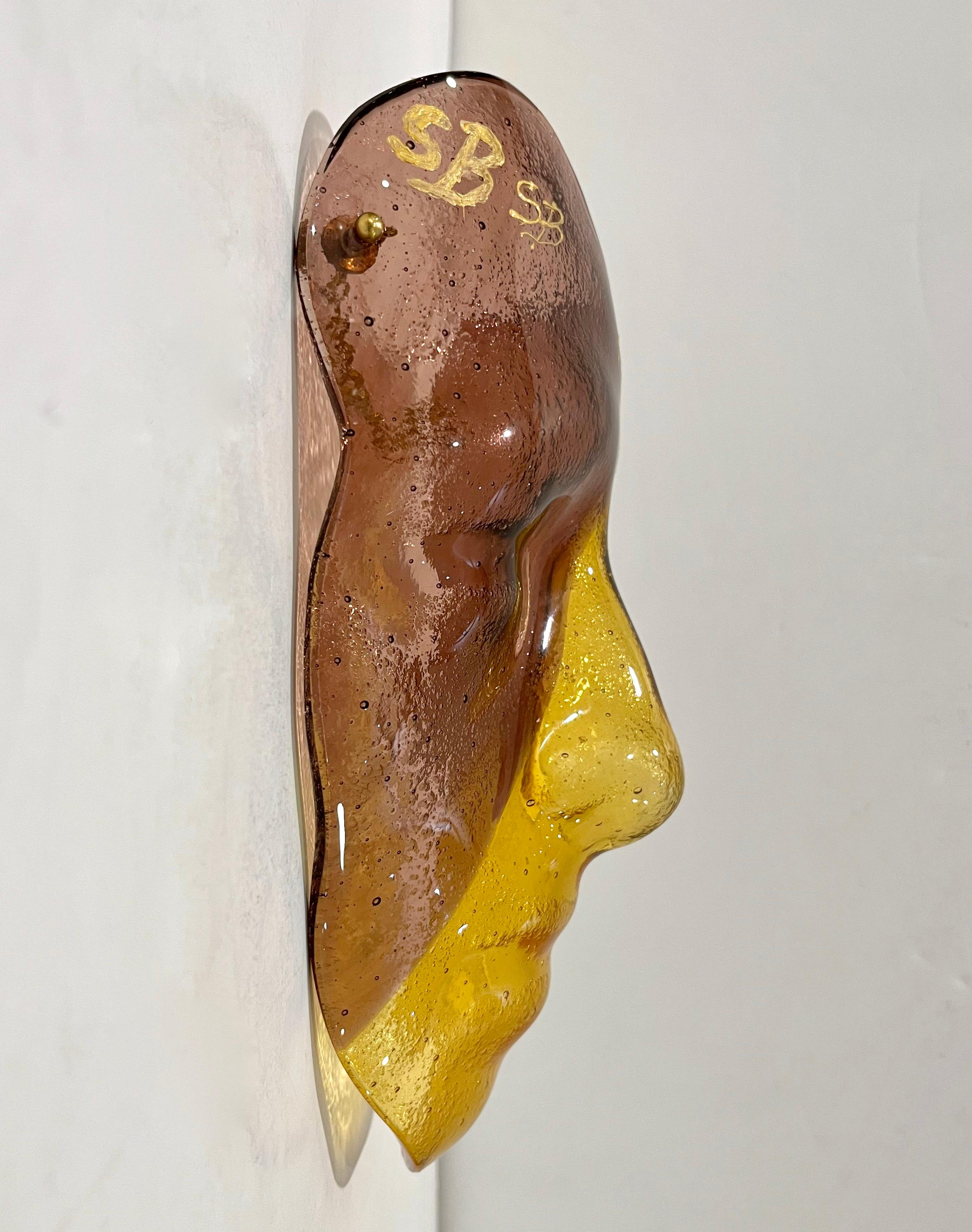 Bespoke Italian Amethyst Amber Gold Murano Glass Mask Wall Art Sculpture For Sale 1