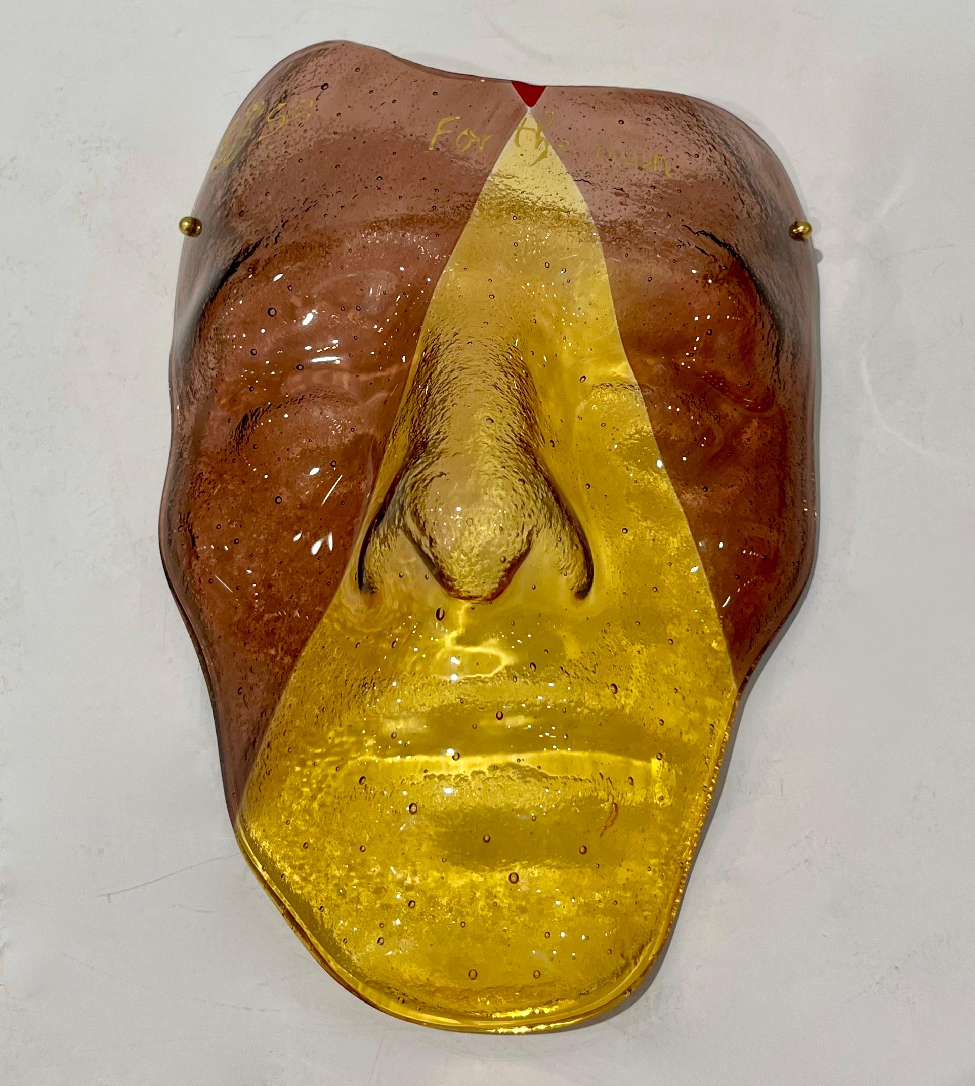 Hand-Crafted Bespoke Italian Amethyst Amber Gold Murano Glass Mask Wall Art Sculpture For Sale