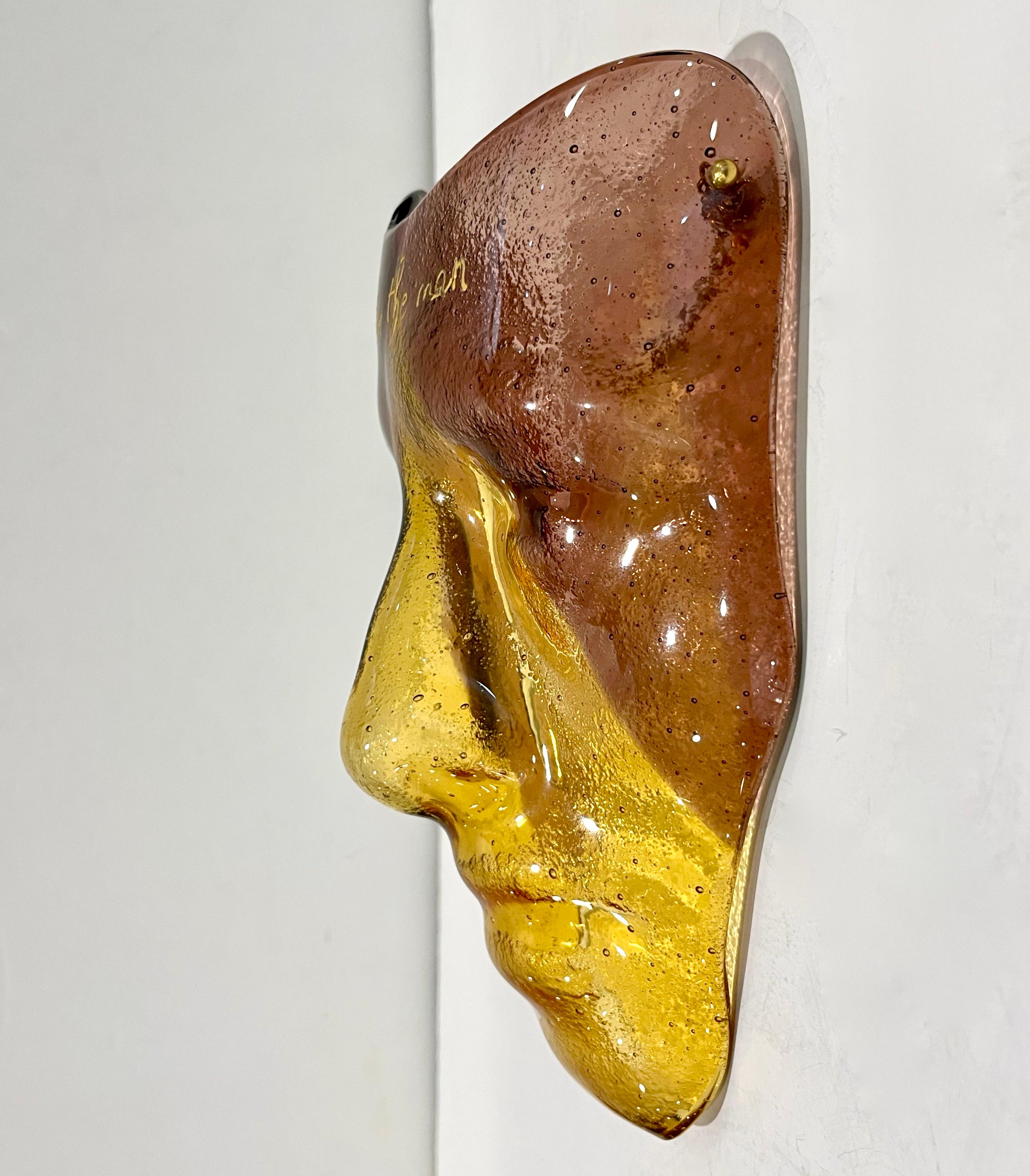 Bespoke Italian Amethyst Amber Gold Murano Glass Mask Wall Art Sculpture In Excellent Condition For Sale In New York, NY