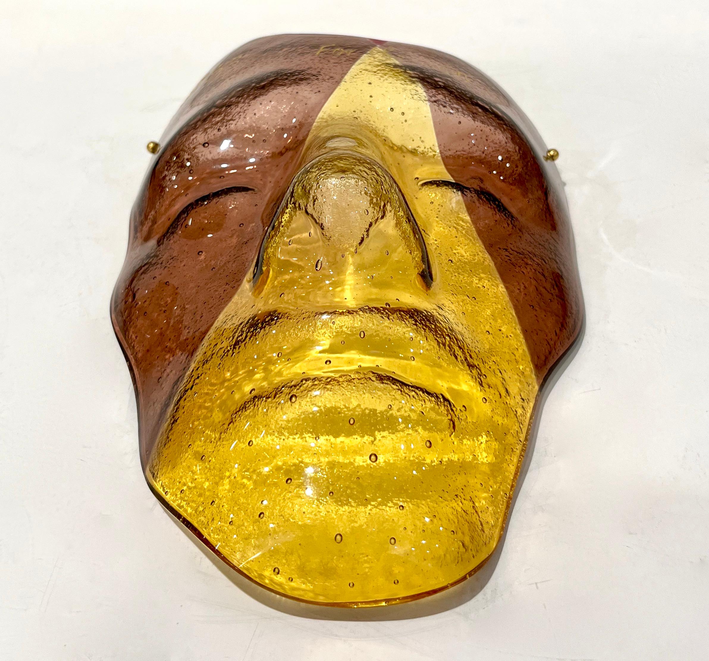 Bespoke Italian Amethyst Amber Gold Murano Glass Mask Wall Art Sculpture In Excellent Condition For Sale In New York, NY