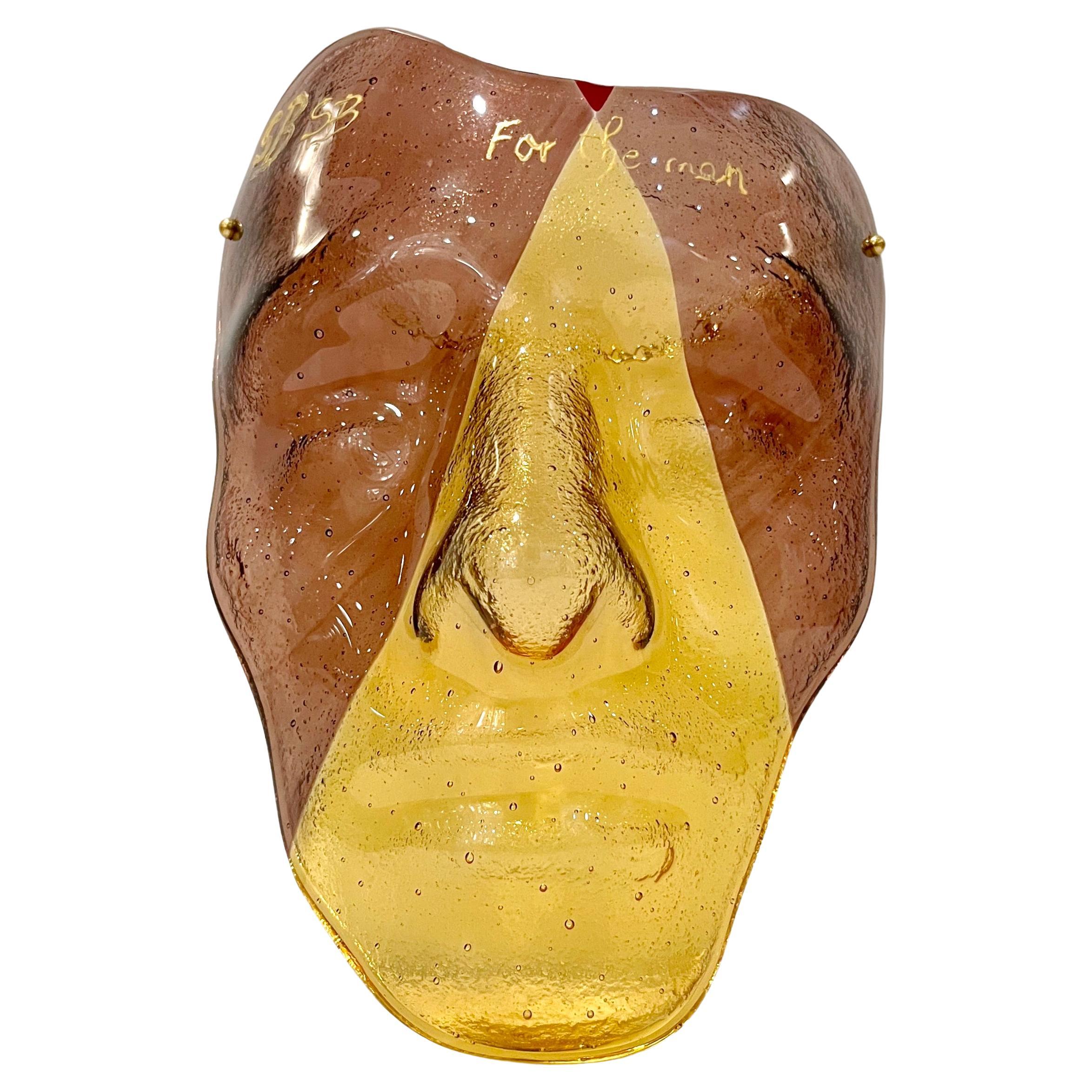 Bespoke Italian Amethyst Amber Gold Murano Glass Mask Wall Art Sculpture For Sale