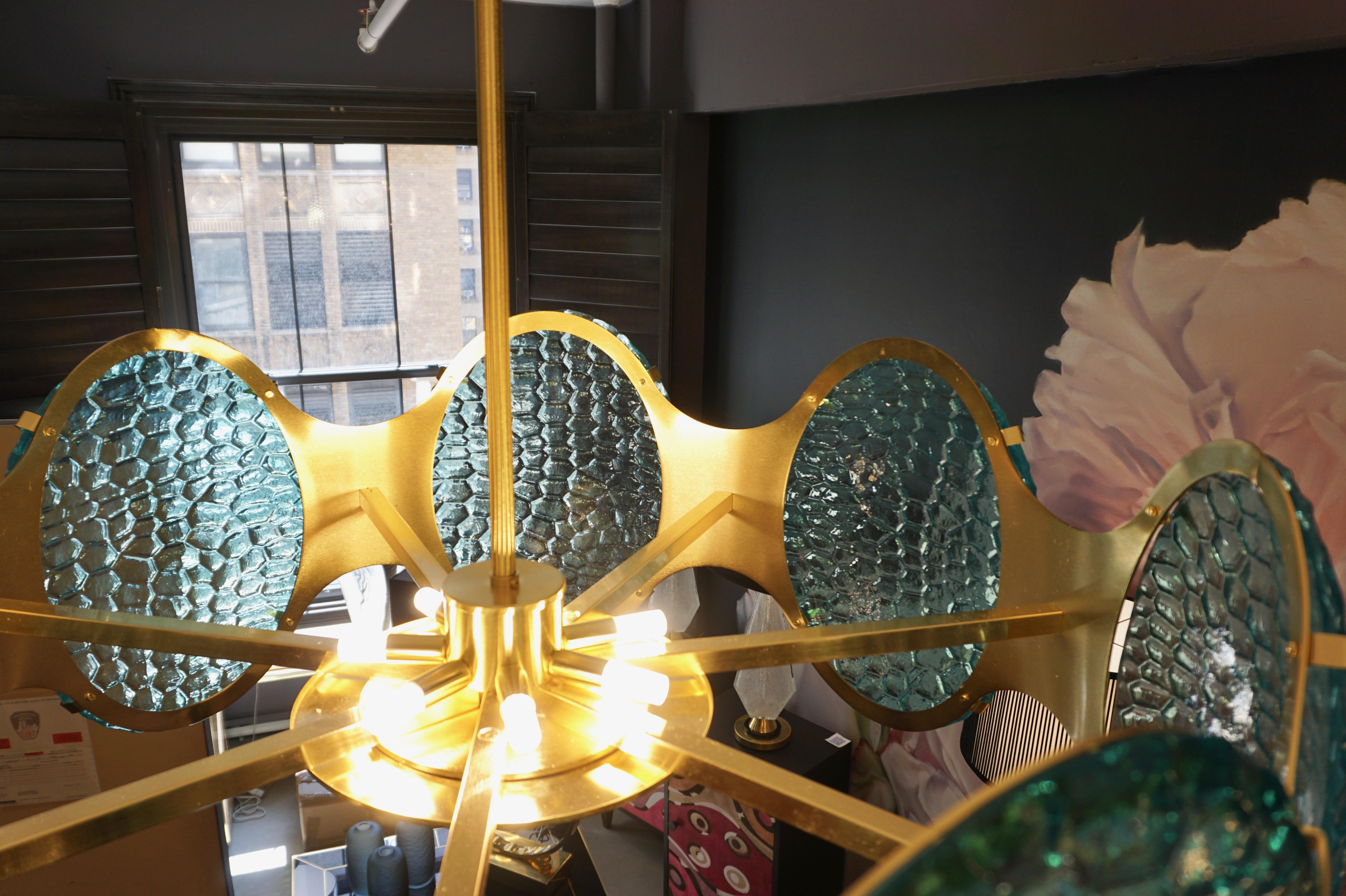 Bespoke Italian Aquamarine Murano Glass Round Brass Chandelier / Flushmount For Sale 4