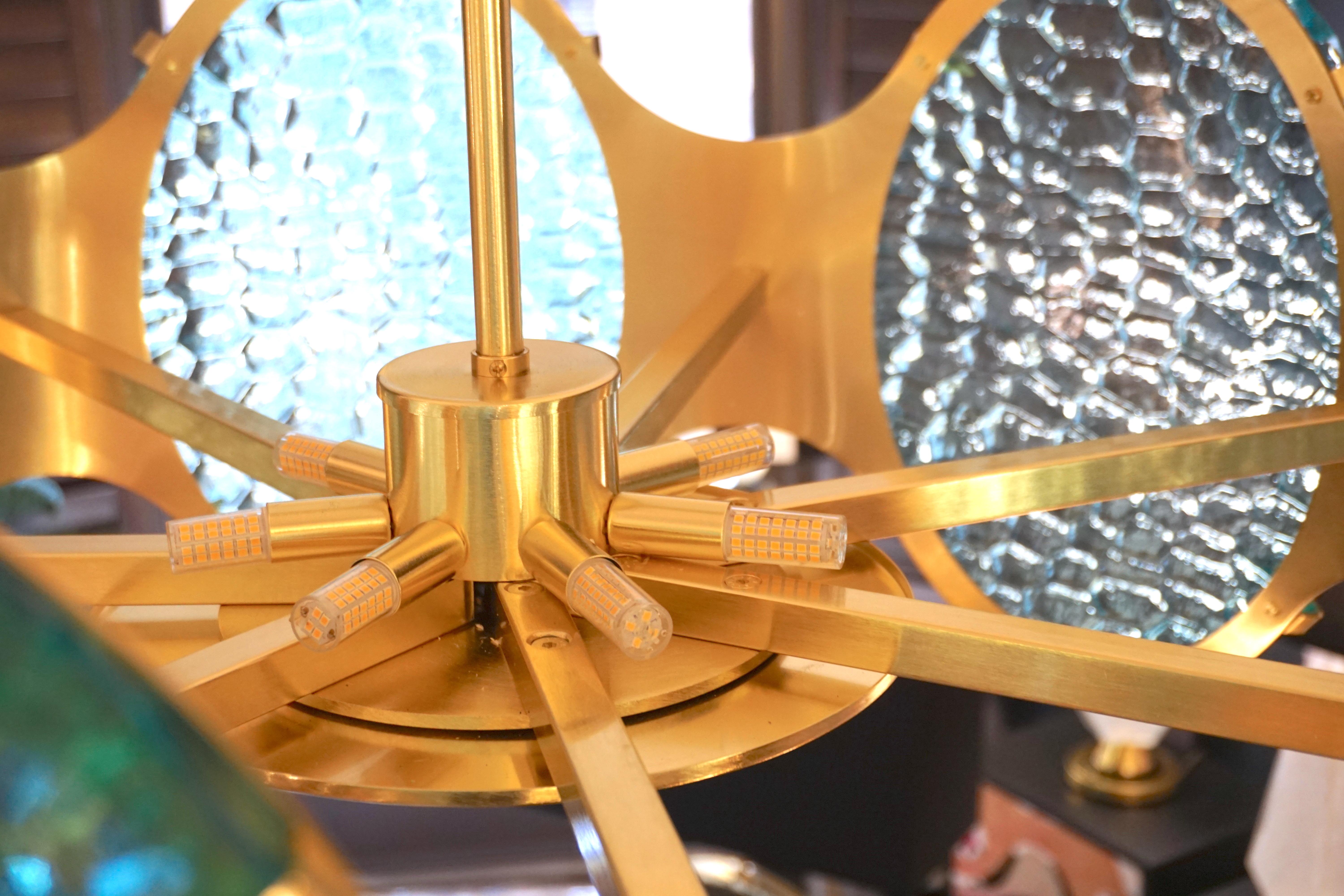 Bespoke Italian Aquamarine Murano Glass Round Brass Chandelier / Flushmount For Sale 9