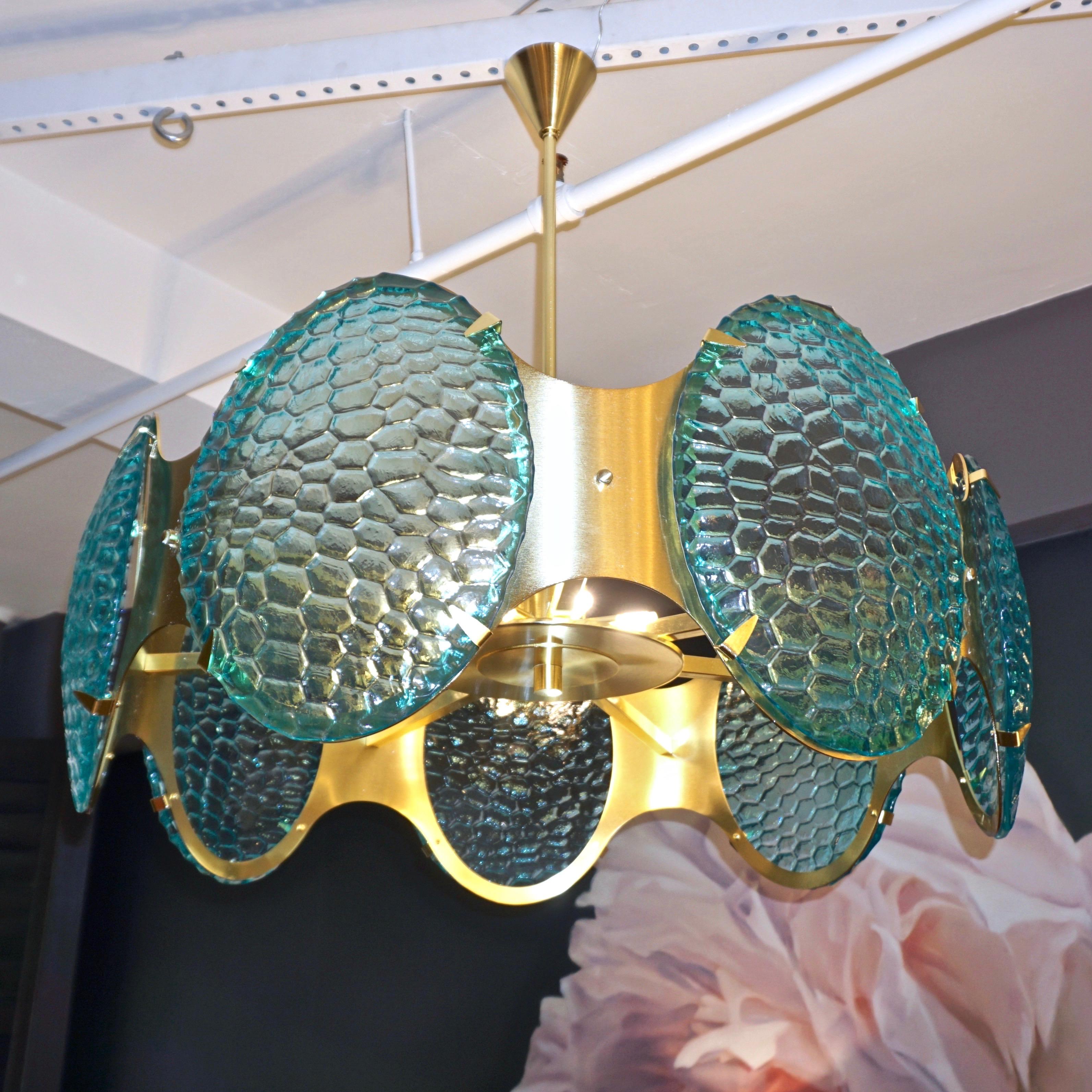 Bespoke Italian Aquamarine Murano Glass Round Brass Chandelier / Flushmount For Sale 10