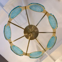 Bespoke Italian Aquamarine Murano Glass Round Brass Chandelier / Flushmount