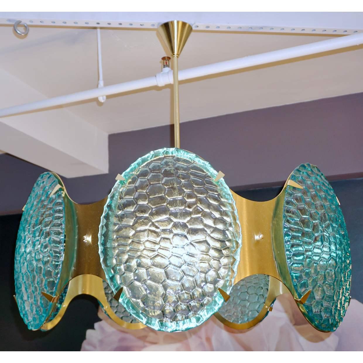 Organic Modern Bespoke Italian Aquamarine Murano Glass Round Brass Chandelier / Flushmount For Sale