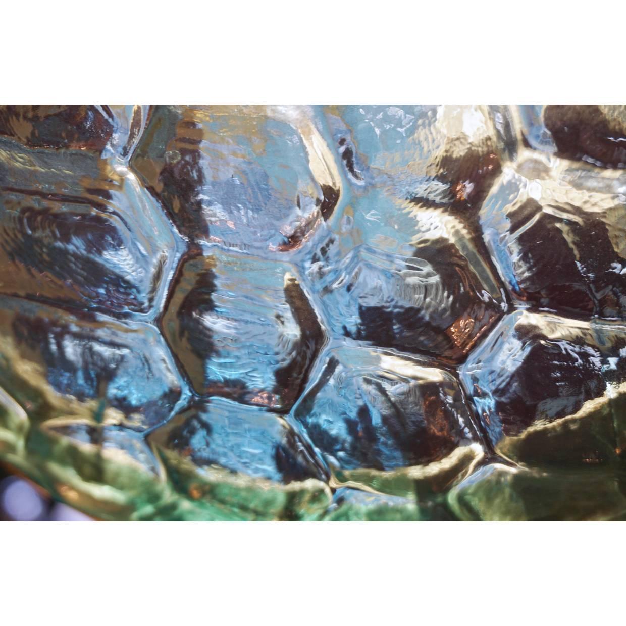 Hand-Crafted Bespoke Italian Aquamarine Murano Glass Round Brass Chandelier / Flushmount For Sale