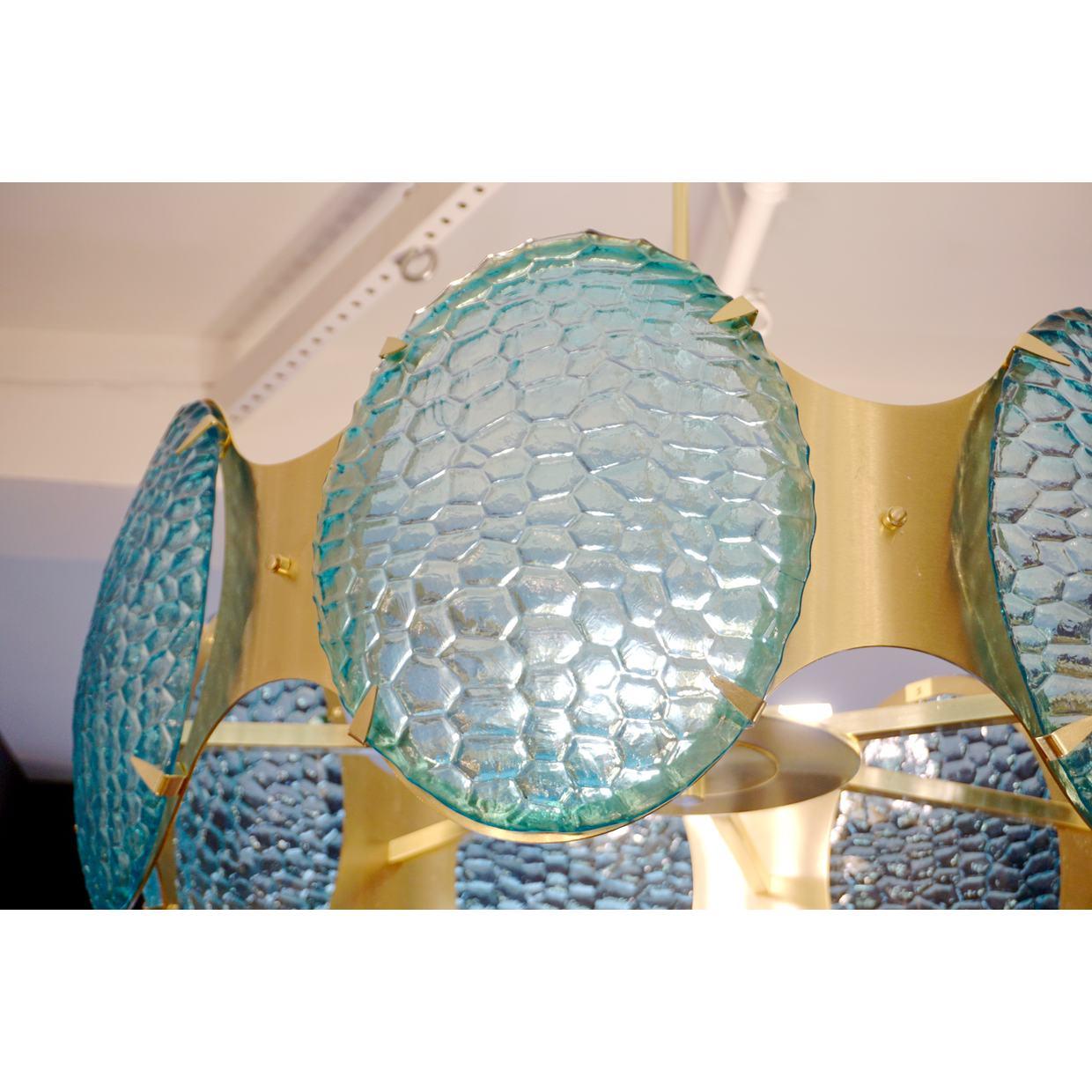 Bespoke Italian Aquamarine Murano Glass Round Brass Chandelier / Flushmount In New Condition For Sale In New York, NY