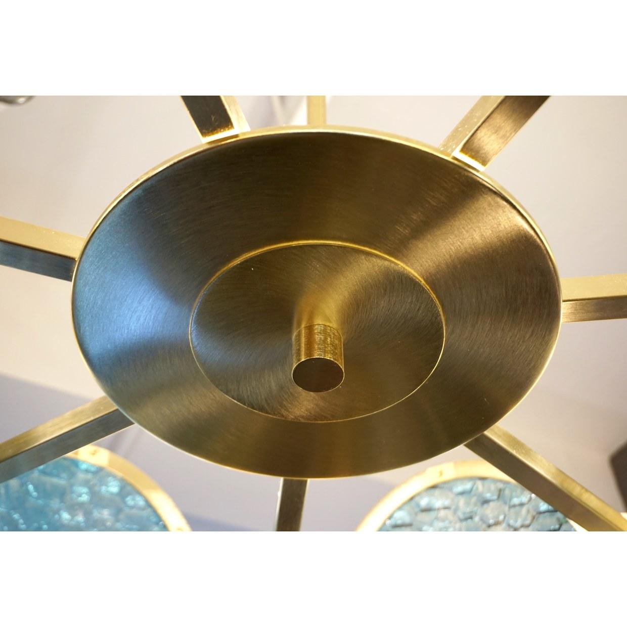 Bespoke Italian Aquamarine Murano Glass Round Brass Chandelier / Flushmount For Sale 1