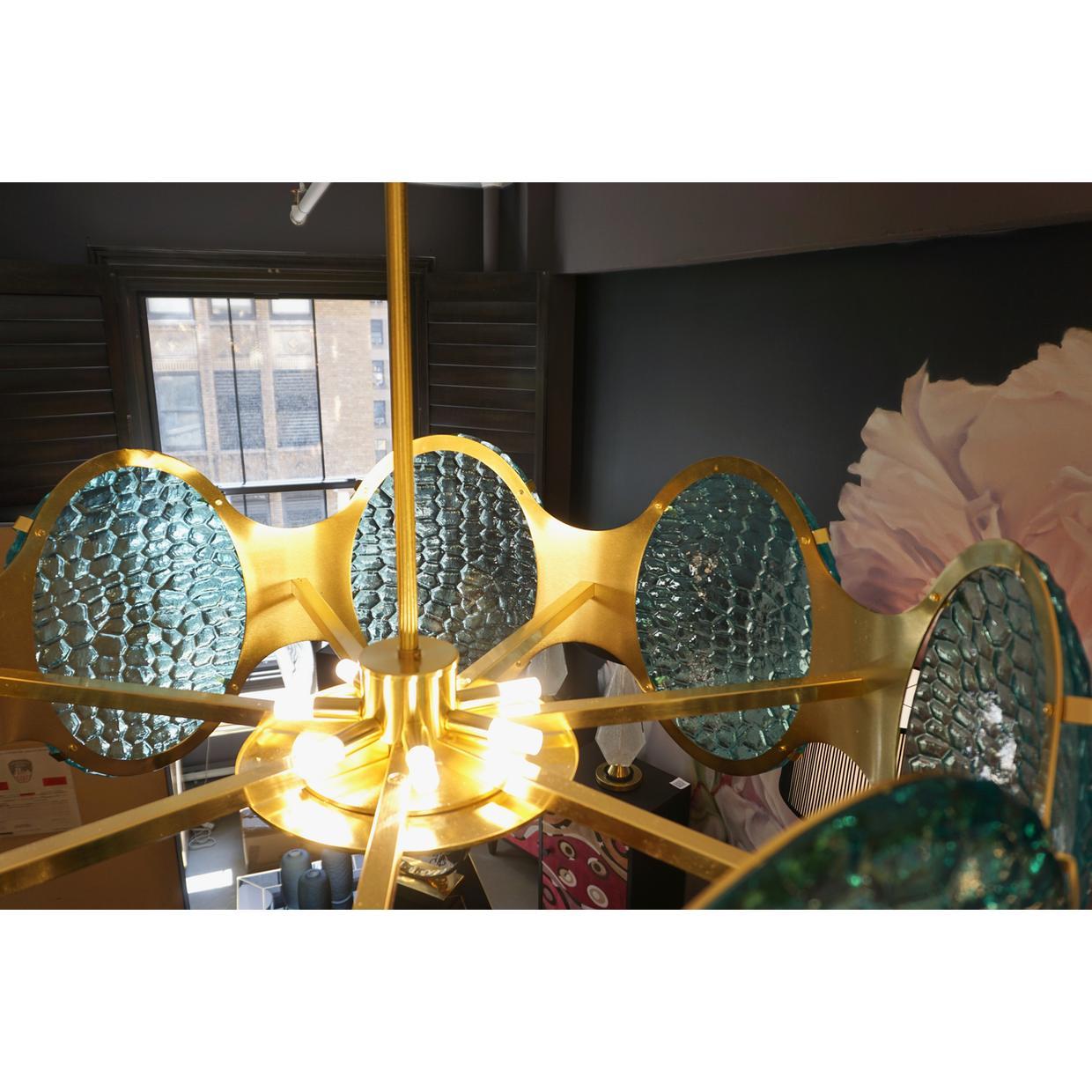 Bespoke Italian Aquamarine Murano Glass Round Brass Chandelier / Flushmount For Sale 2