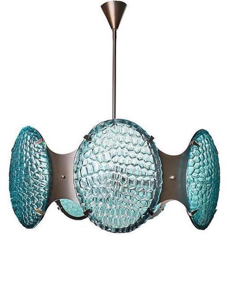 Bespoke Italian Aquamarine Murano Glass Round Brass Chandelier / Flushmount For Sale 2
