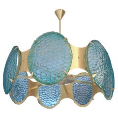 Bespoke Italian Aquamarine Murano Glass Round Brass Chandelier / Flushmount