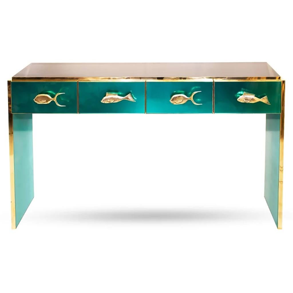 Bespoke Italian Art Deco Design 4-Drawer White & Brass Walnut Console Table/Desk For Sale 6