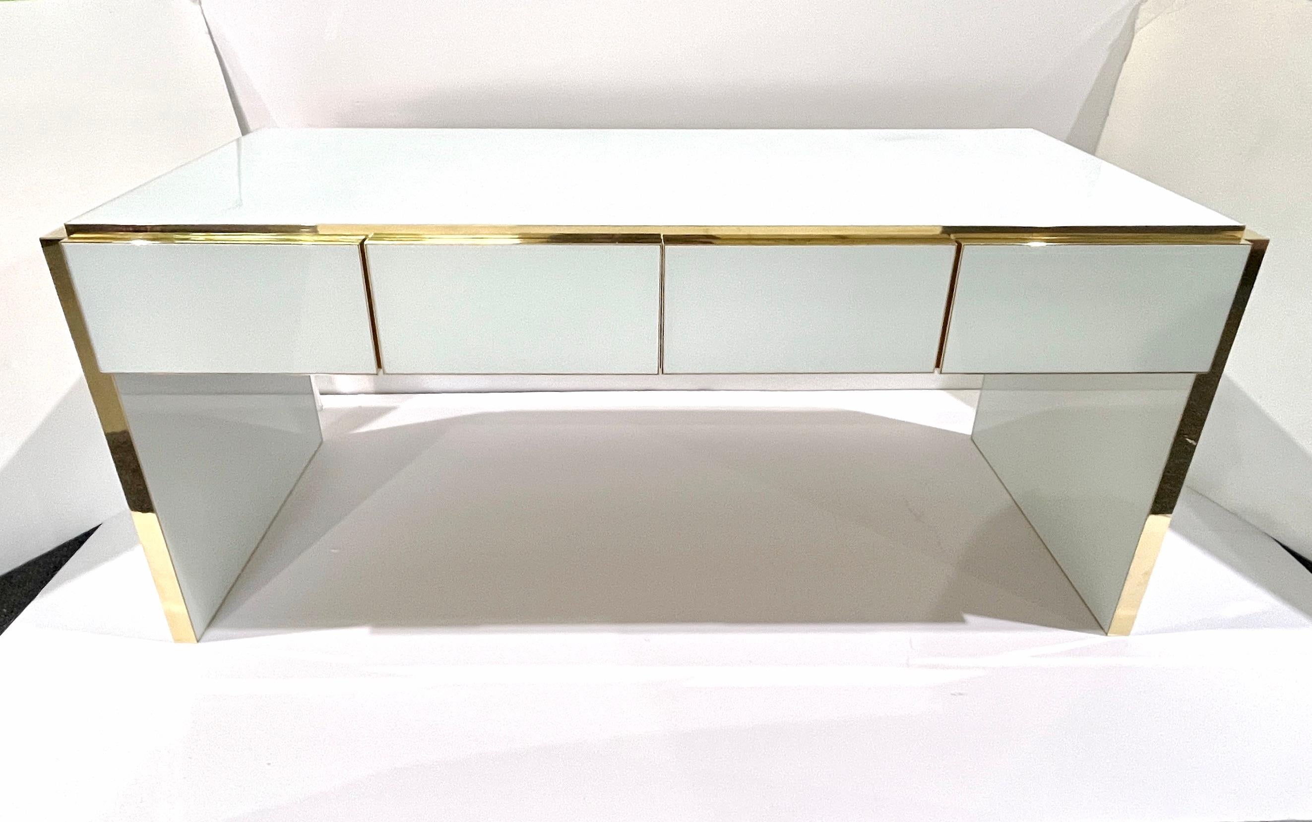 Minimalist Bespoke Italian Art Deco Design 4-Drawer White & Brass Walnut Console Table/Desk For Sale