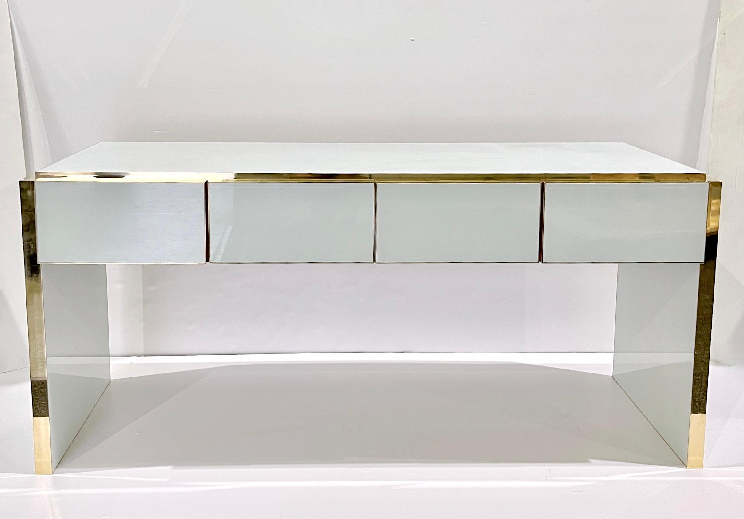 Bespoke Italian Art Deco Design 4-Drawer White & Brass Walnut Console Table/Desk For Sale 3
