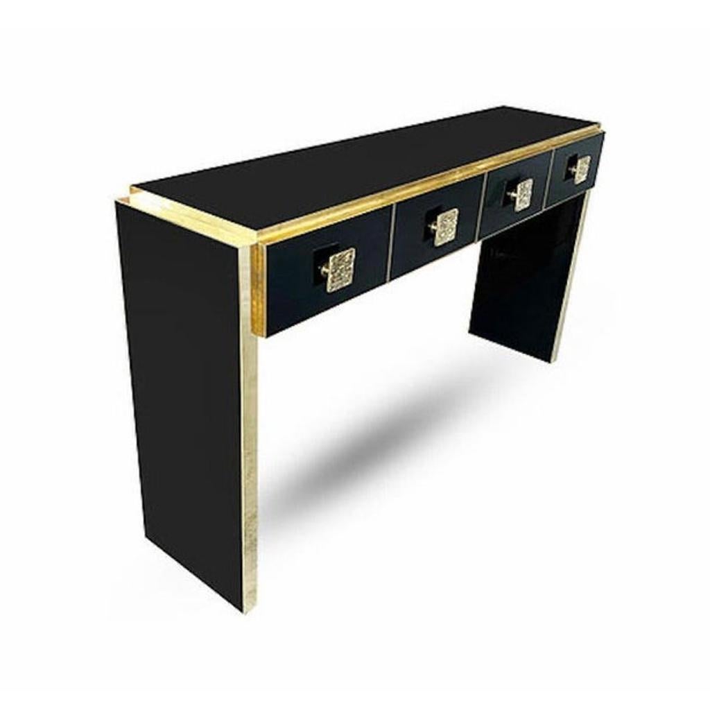 Hollywood Regency Bespoke Italian Art Deco Design Black Glass & Cast Brass Console Table For Sale