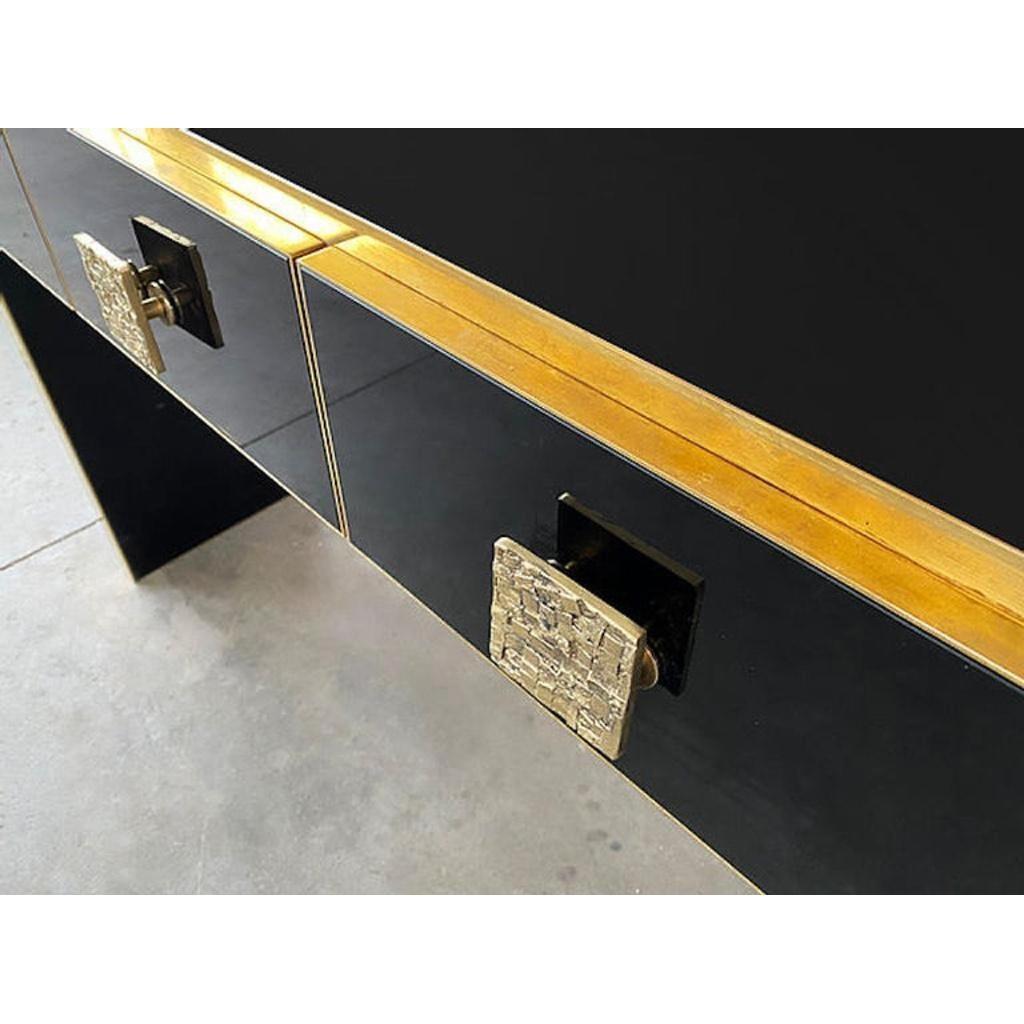 Hand-Crafted Bespoke Italian Art Deco Design Black Glass & Cast Brass Console Table For Sale