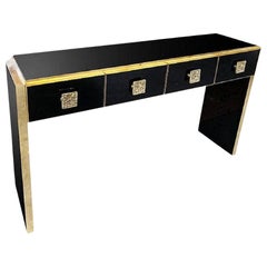 Table console en verre noir et laiton coulé de style Art Déco italien sur mesure