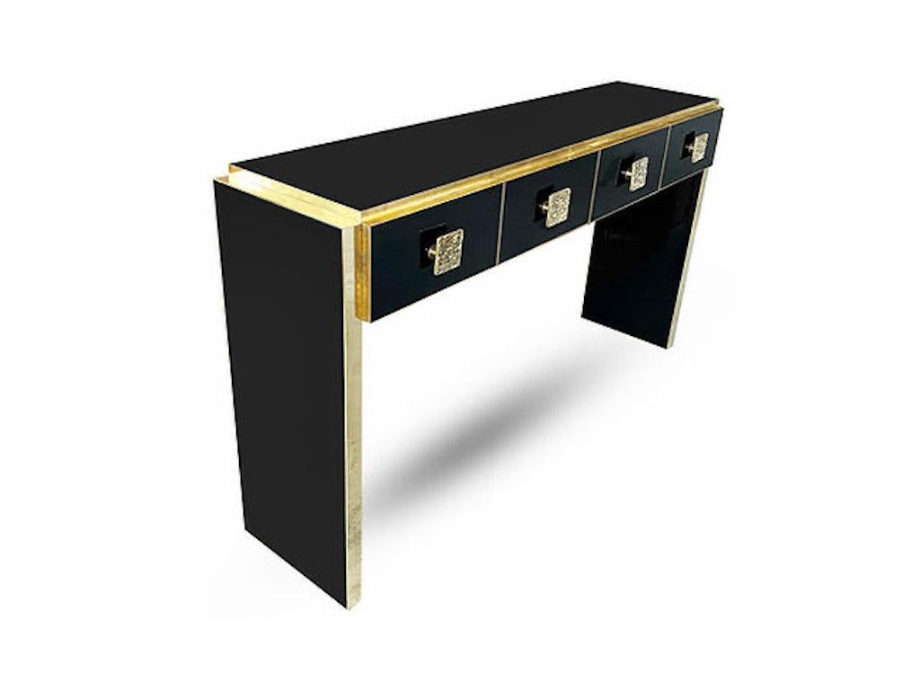 Bespoke Italian Art Deco Design Black Glass & Cast Brass Console Table/Sideboard In New Condition For Sale In New York, NY